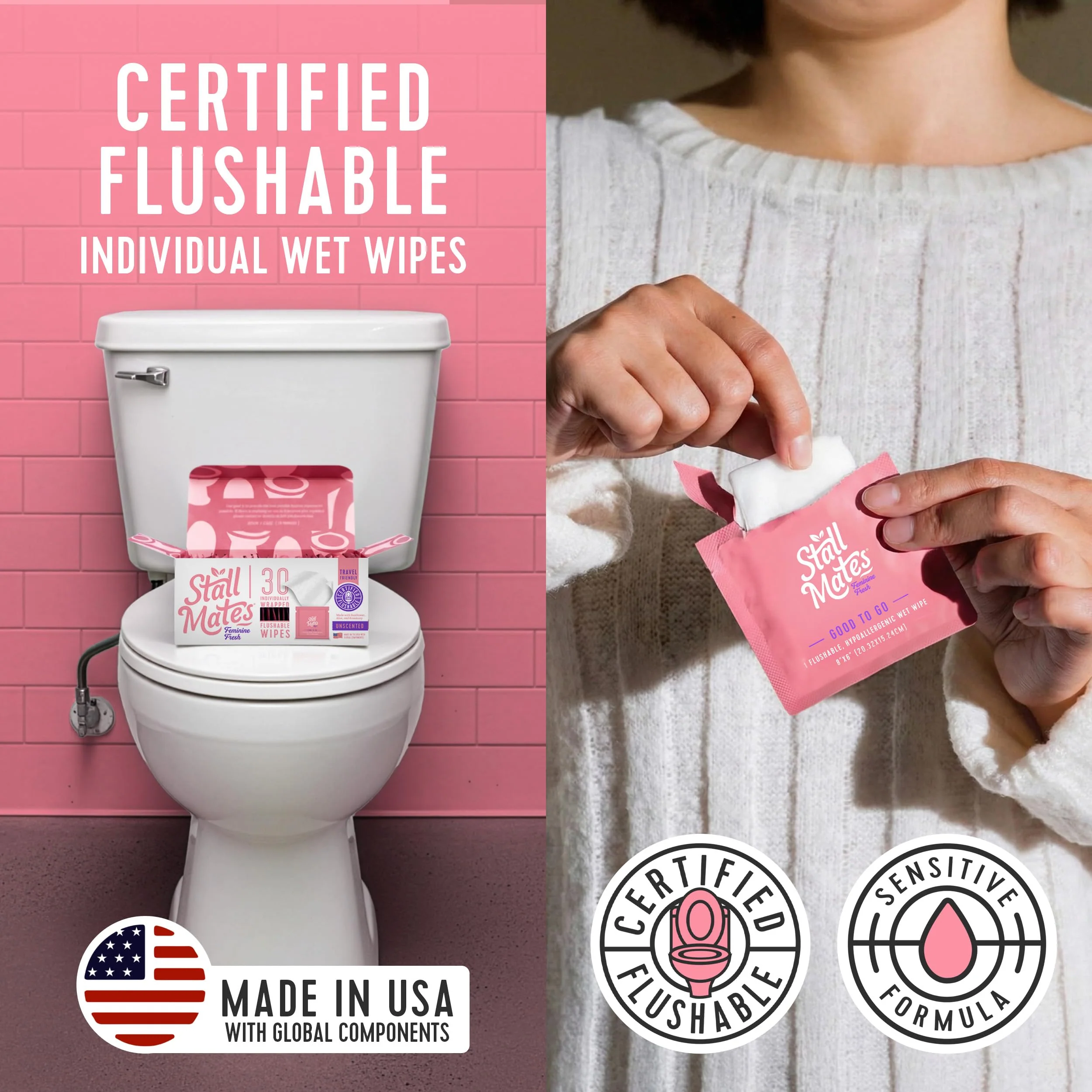 Stall Mates Wipes Feminine Fresh - Flushable | Individually Wrapped Cleansing Travel Friendly PH balanced Unscented with Sunflower, Rosemary and Aloe (90 on-the-go singles) BULK PACK - Image 2