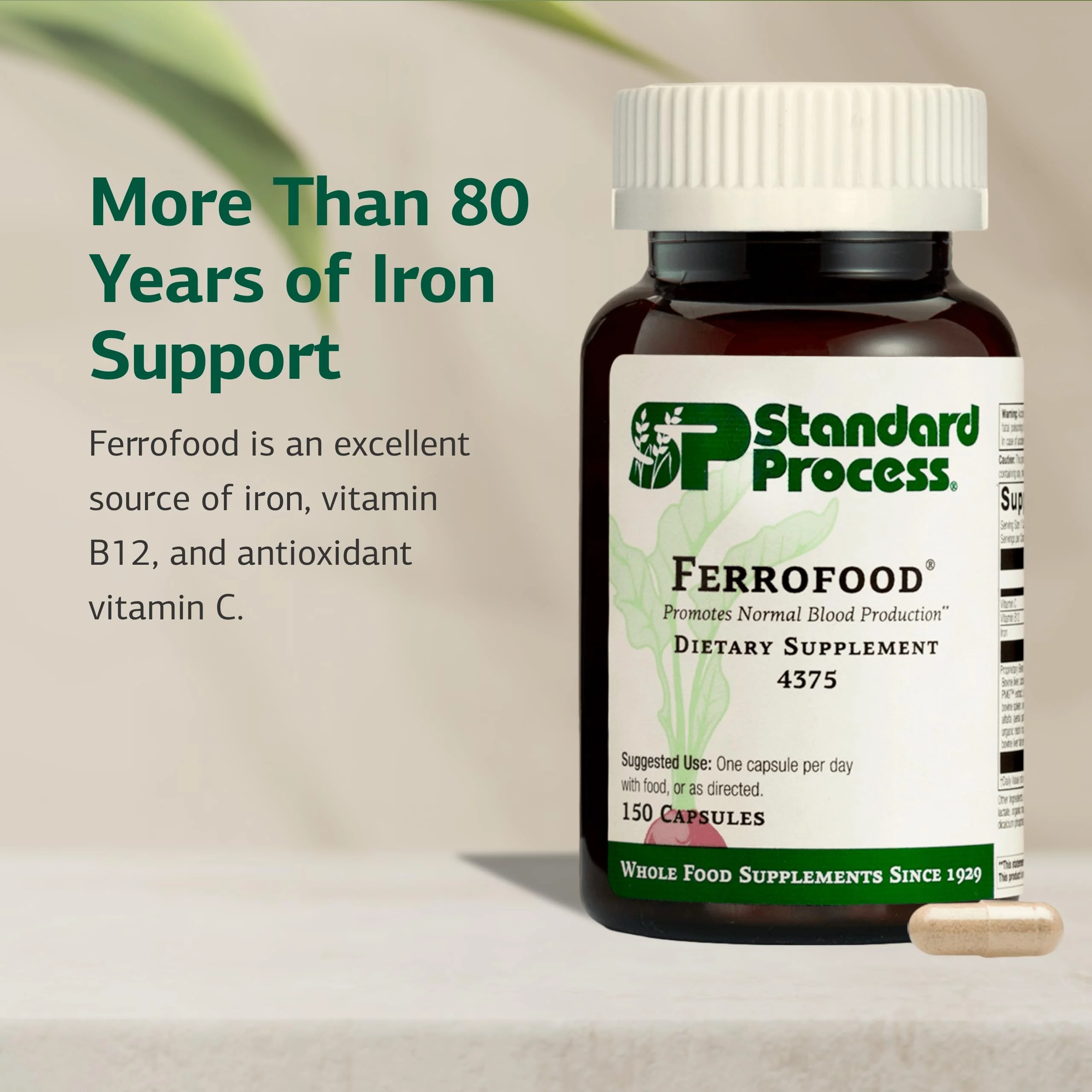 Standard Process Ferrofood - Blood Health Supplement - Enzyme Support with Vitamins B12, C, & Iron - Non-Dairy & Non-Soy - 150 Capsules (40 Servings) - Image 6
