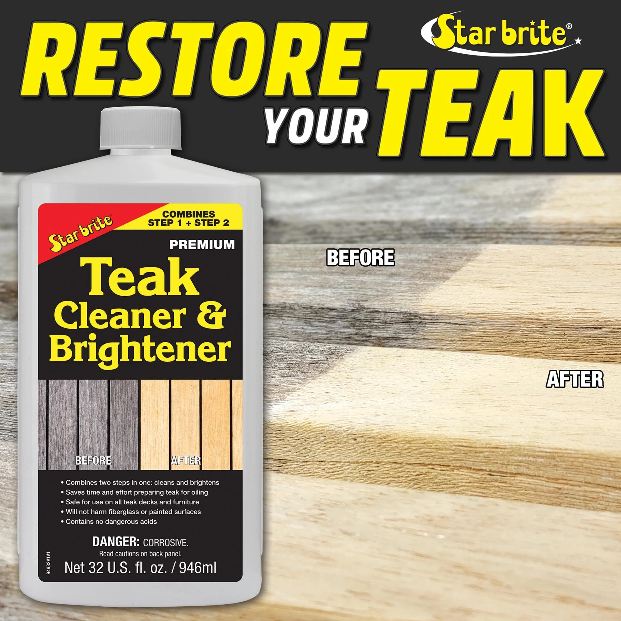 Star Brite Teak Cleaner & Brightener, Restore Weathered Wood, 32oz (094932) - Image 5