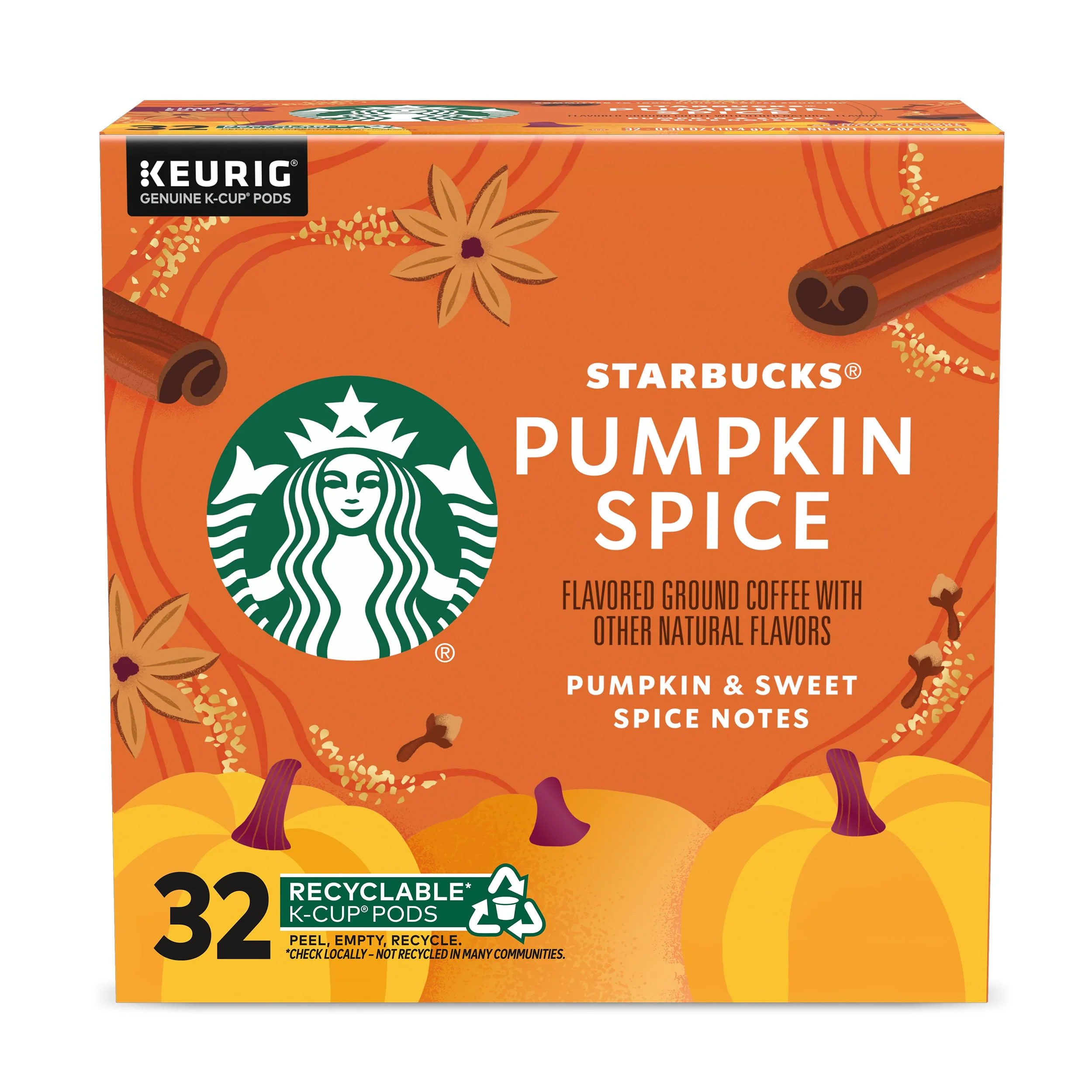 Starbucks K-Cup Coffee Pods, Pumpkin Spice Flavored Coffee for Keurig Brewers, 100% Arabica, Limited Edition, 1 Box (32 Pods)