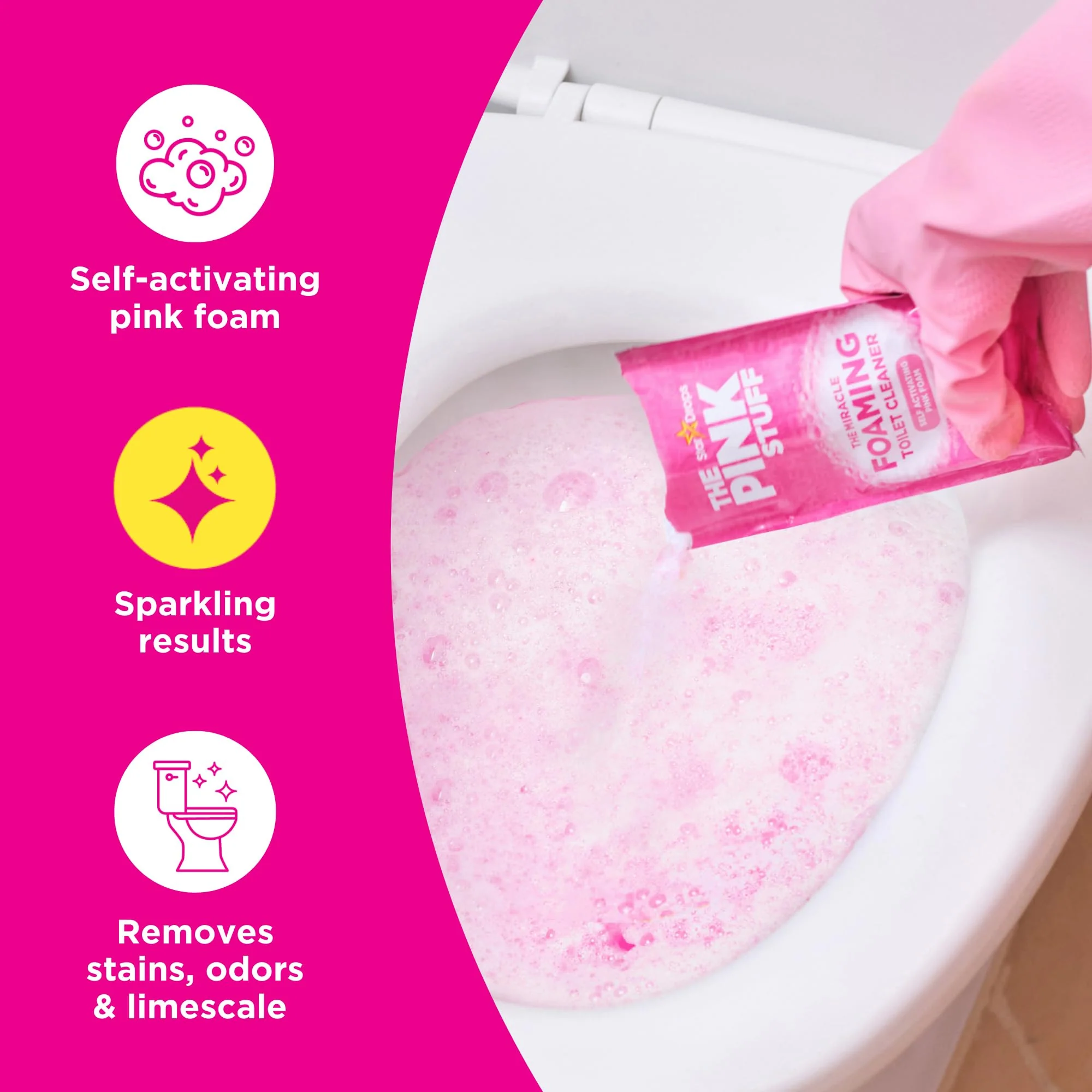 Stardrops - The Pink Stuff Bathroom Cleaning Kit – Cleaning Paste, Bathroom Foam Spray, Toilet Foaming Powder, SQeeZY Sponge & 3 Microfiber Cloths – Tough on Stains, Grease & Soap Scum - Image 2