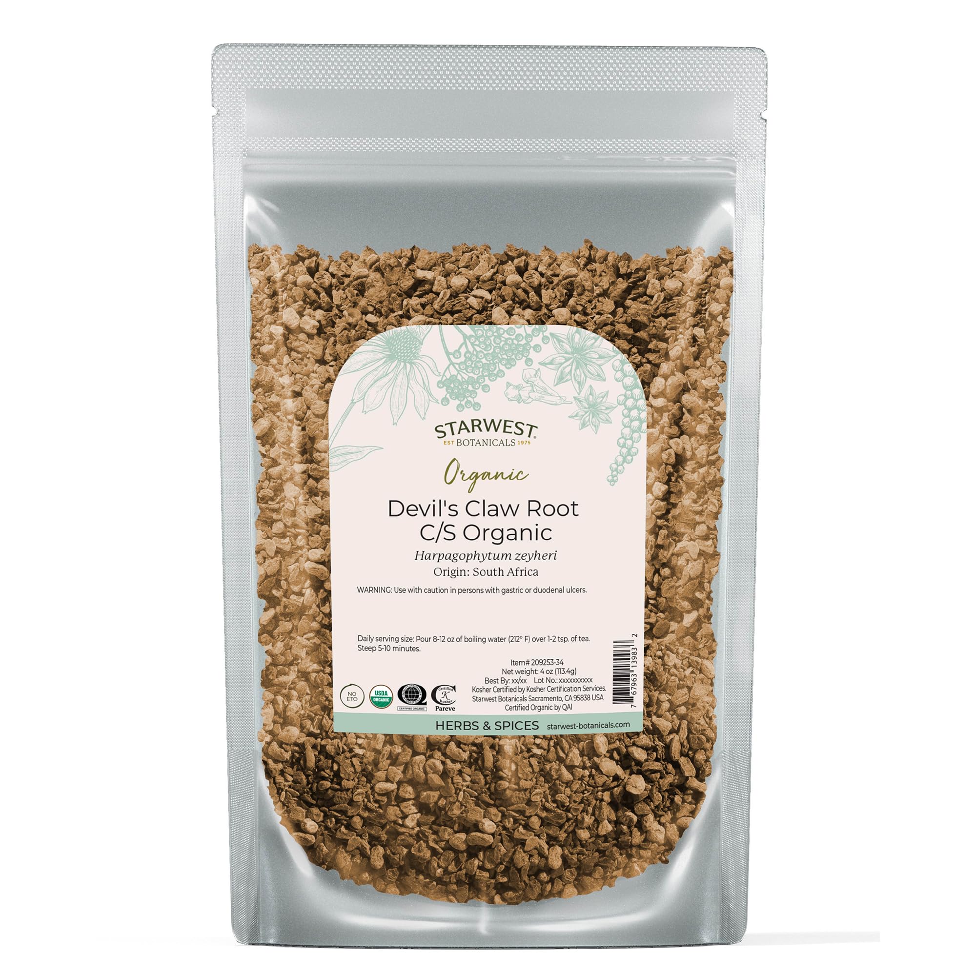 Starwest Botanicals Organic Devil's Claw Root - Dried Herb for Tea & Natural Herbal Blends, Pure Devil's Claw Root, Cut & Sifted, Certified Kosher, Non-GMO - 4 oz Pouch - Image 2