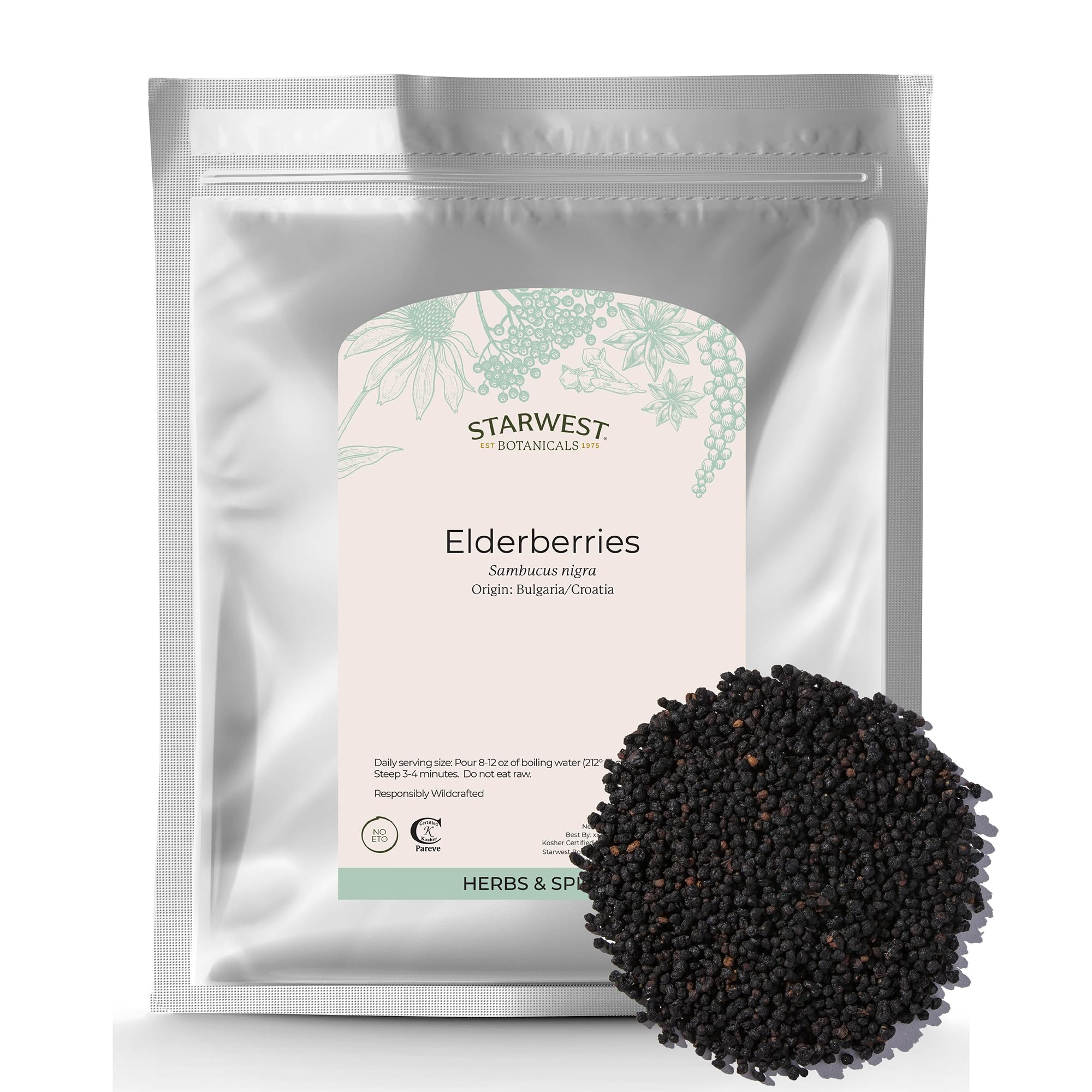 Starwest Botanicals Whole Elderberries - Dried Elderberries for Syrup, Tea, Gummies, & Jam, Certified Kosher, Wildcrafted Natural Berries - Bulk 1 lb Bag