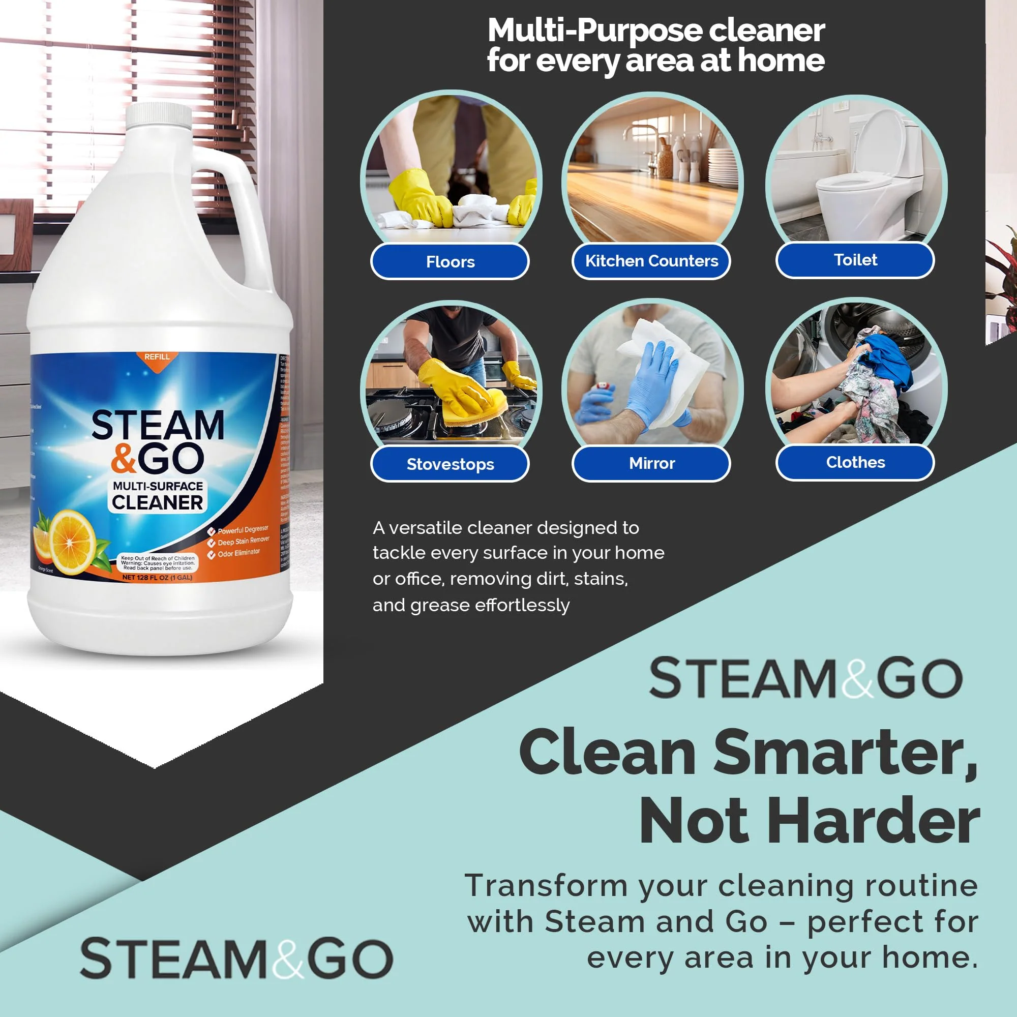 Steam & Go Multi-Purpose Cleaner Spray Refill with Oxy Power for Multi-Surfaces - Removes Stains, Eliminates Odors, & Degreases - Orange Scent, 1 gal - Image 8
