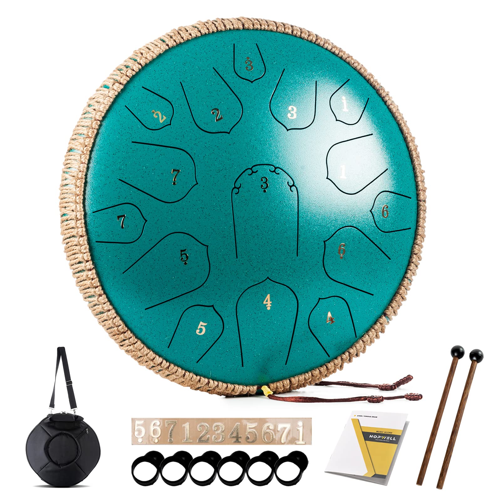 Steel Tongue Drum - HOPWELL 15 Note 14 Inch - Percussion Instrument - Hand Pan Drums with Music Book, Drum Mallets and Carry Bag, D Major, Malachite Green - Image 2