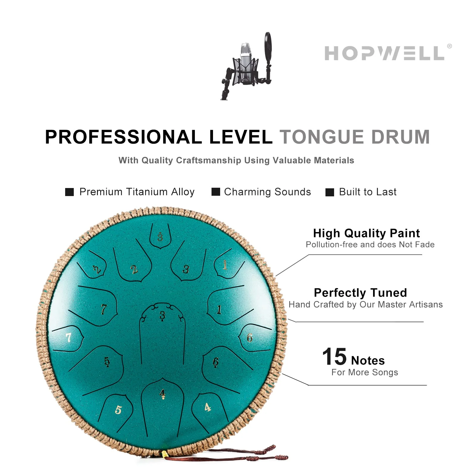 Steel Tongue Drum - HOPWELL 15 Note 14 Inch - Percussion Instrument - Hand Pan Drums with Music Book, Drum Mallets and Carry Bag, D Major, Malachite Green - Image 4