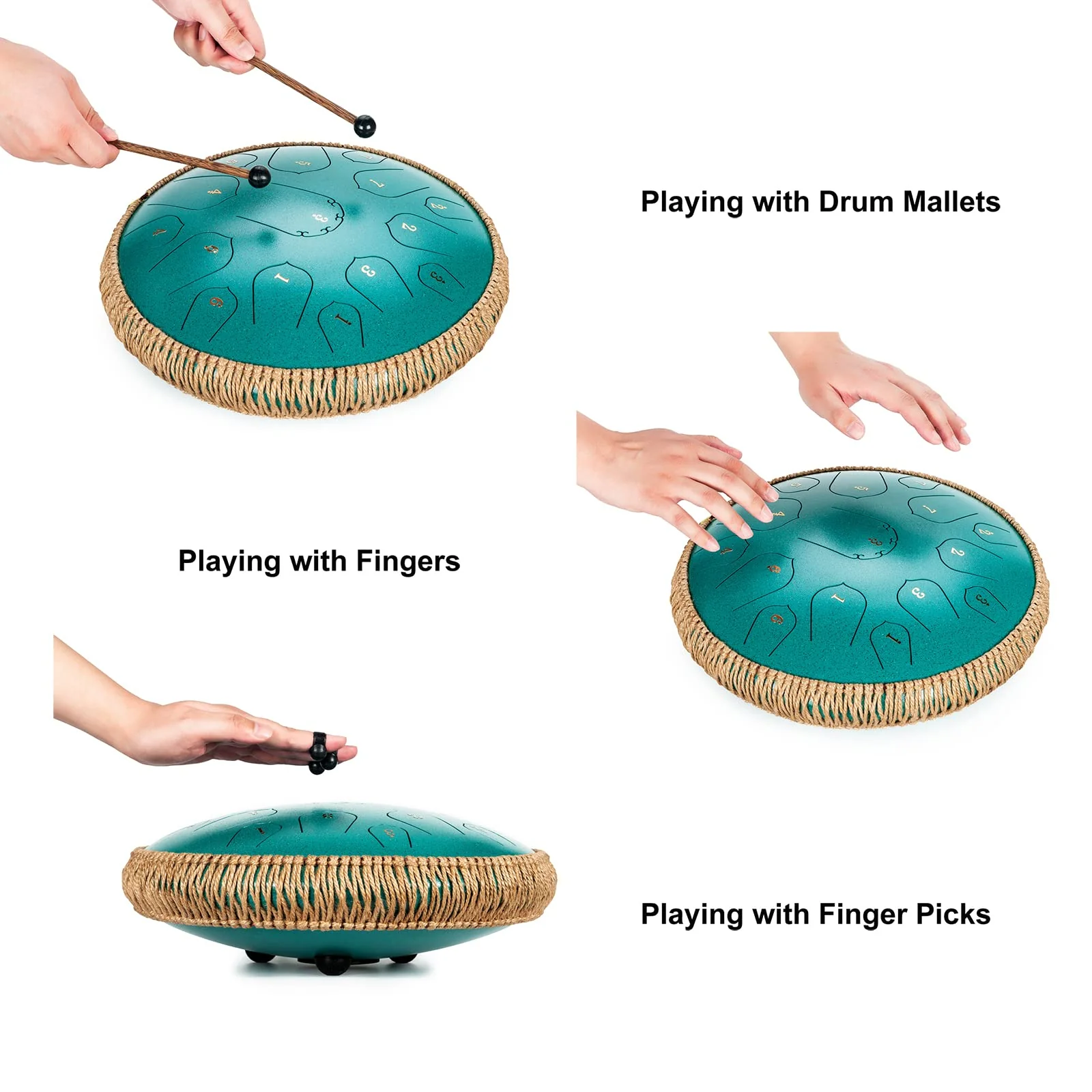 Steel Tongue Drum - HOPWELL 15 Note 14 Inch - Percussion Instrument - Hand Pan Drums with Music Book, Drum Mallets and Carry Bag, D Major, Malachite Green - Image 5