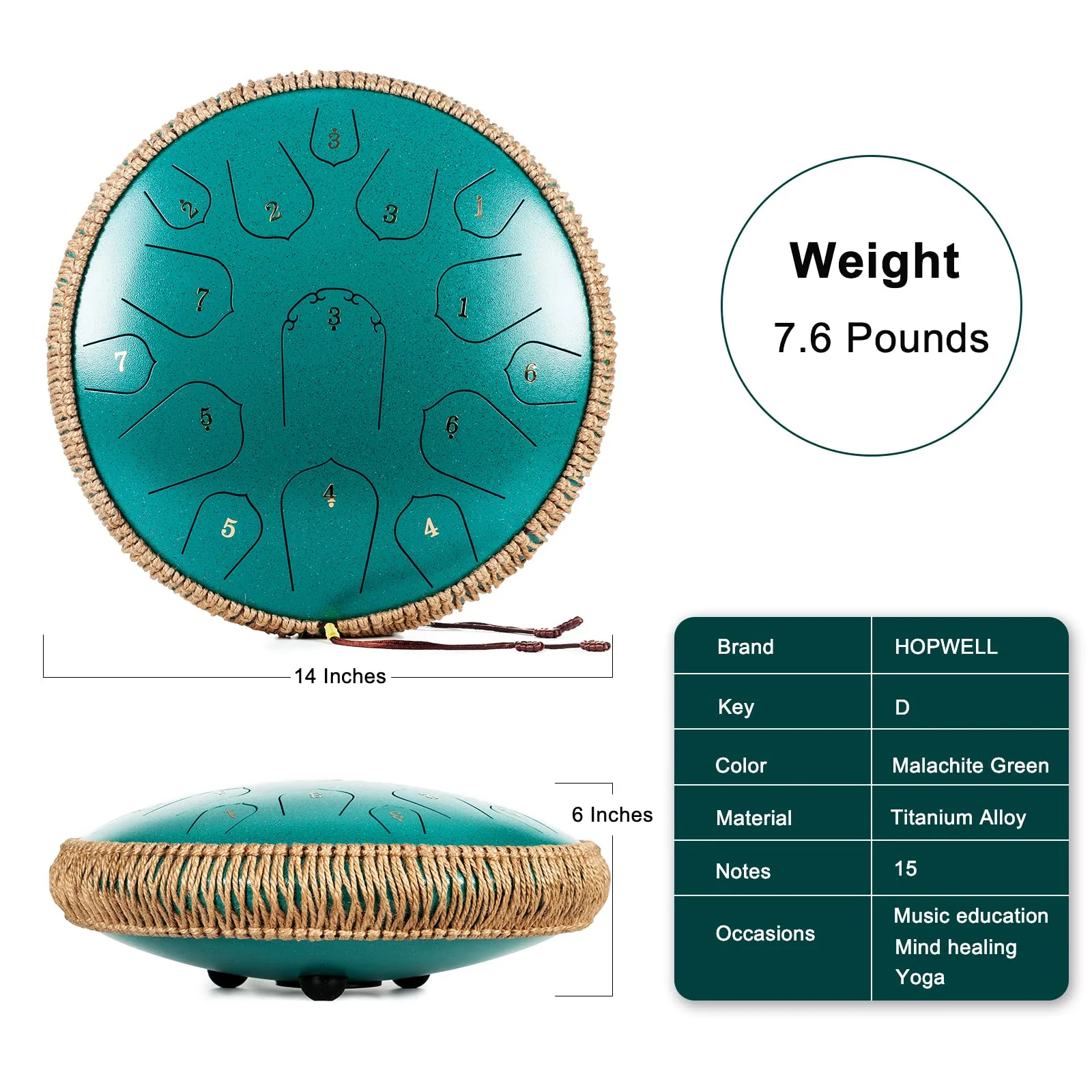 Steel Tongue Drum - HOPWELL 15 Note 14 Inch - Percussion Instrument - Hand Pan Drums with Music Book, Drum Mallets and Carry Bag, D Major, Malachite Green - Image 6