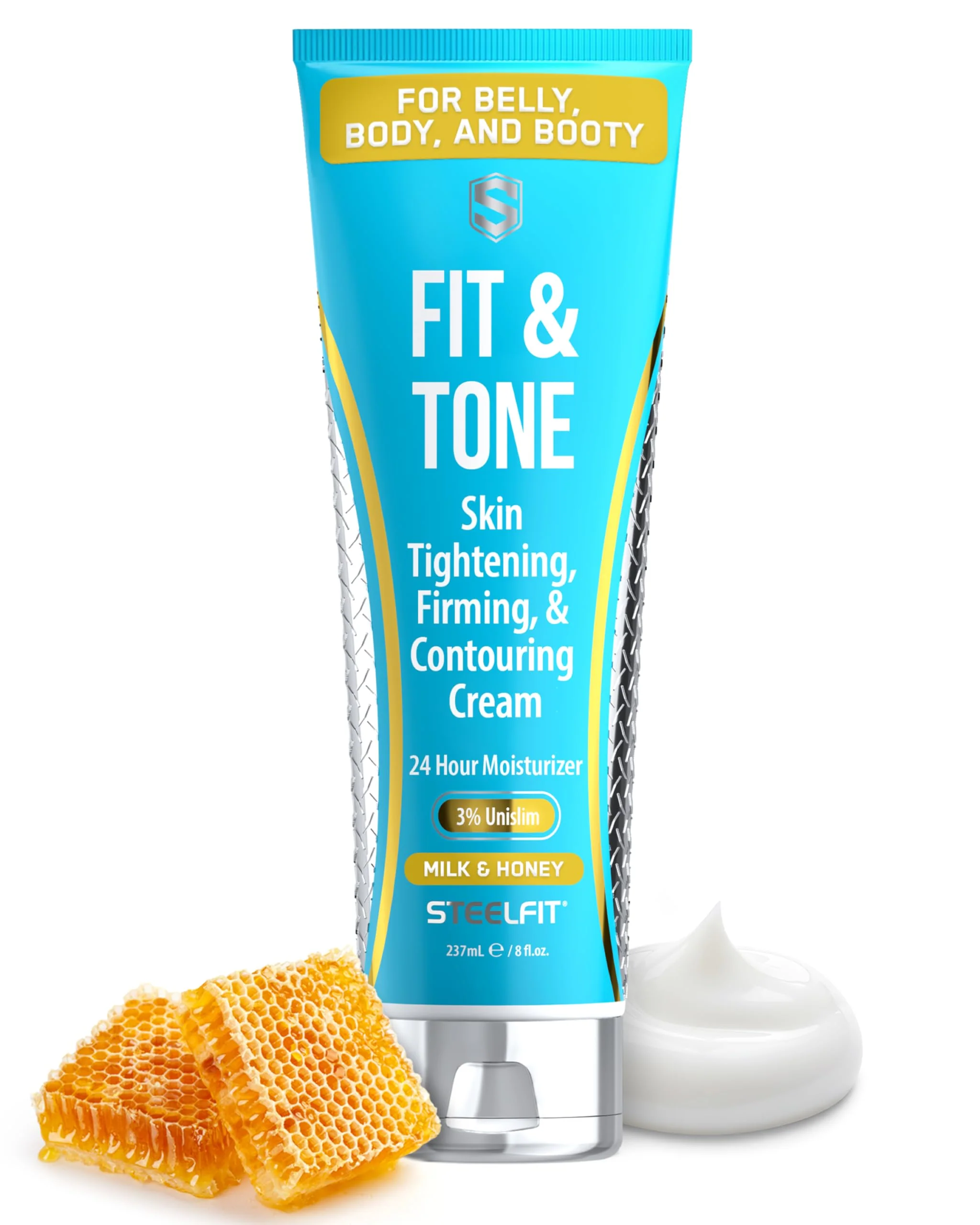 SteelFit Firming Body Lotion - Contouring & Skin Tightening Cream for Body - Firm & Tone Cellulite Remover for Legs Belly & Saggy Skin - Nourishing & Soothing with Shea & Cocoa Butter - Milk & Honey