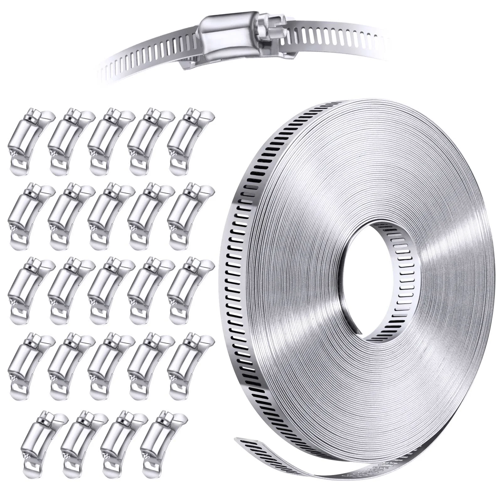 Steelsoft 304 Stainless Steel Hose Clamp Assortment Kit DIY, Cut-To-Fit 50 FT Metal Strap+24 Stronger Fasteners, Large Adjustable Worm Gear Hose Clamps Screw Clamps Duct Pipe Metal Clamp Strapping