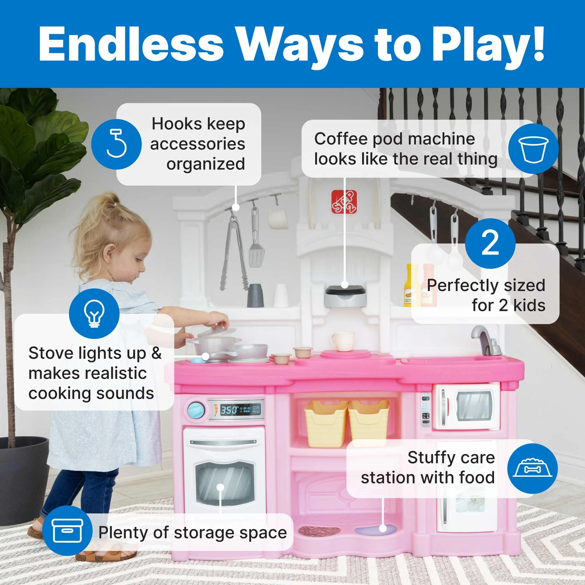 Step2 Fun with Friends Kids Kitchen Playset, Indoor/Outdoor Kitchenette, Interactive Play with Lights and Sounds, Durable Plastic, Includes 25 Piece Toy Accessories, Toddlers 2+ Years Old, Pink - Image 10