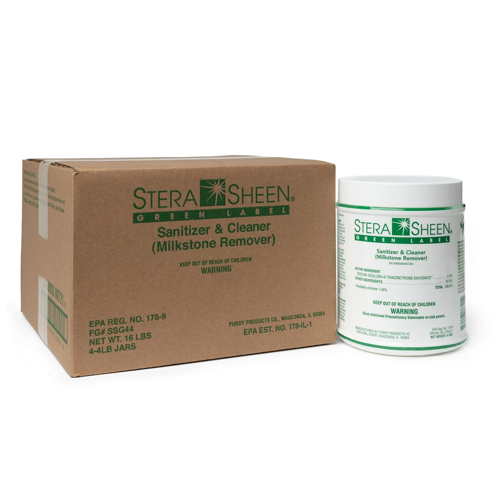 Stera Sheen 16lb Green Label Ice Machine & Ice Maker Cleaner + Sanitizer - Milkstone Remover & Descaler for Scotsman, Soft Serve Equipment, Food-Contact Surface - Restaurant-Grade - 4lb Jars, 4 Pack