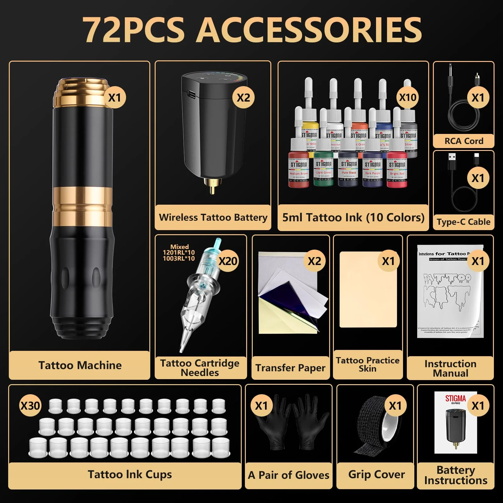 STIGMA Wireless Tattoo Gun Kit Complete with Pro Short Pen, 2 Batteries, 20 Tattoo Cartridge Needles, Color Set, Full Tattoo Accessories STP35TI4002-9