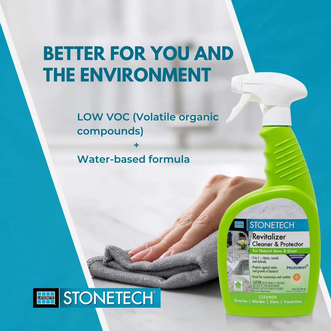 StoneTech Revitalizer Cleaner and Protector | Natural Stone Cleaner | Marble, Quartz, Granite Countertop Cleaner | 3-in-1 Cleans and Reseals | 2-Pack 24 oz Spray + Microfibers, Citrus Scent - Image 2