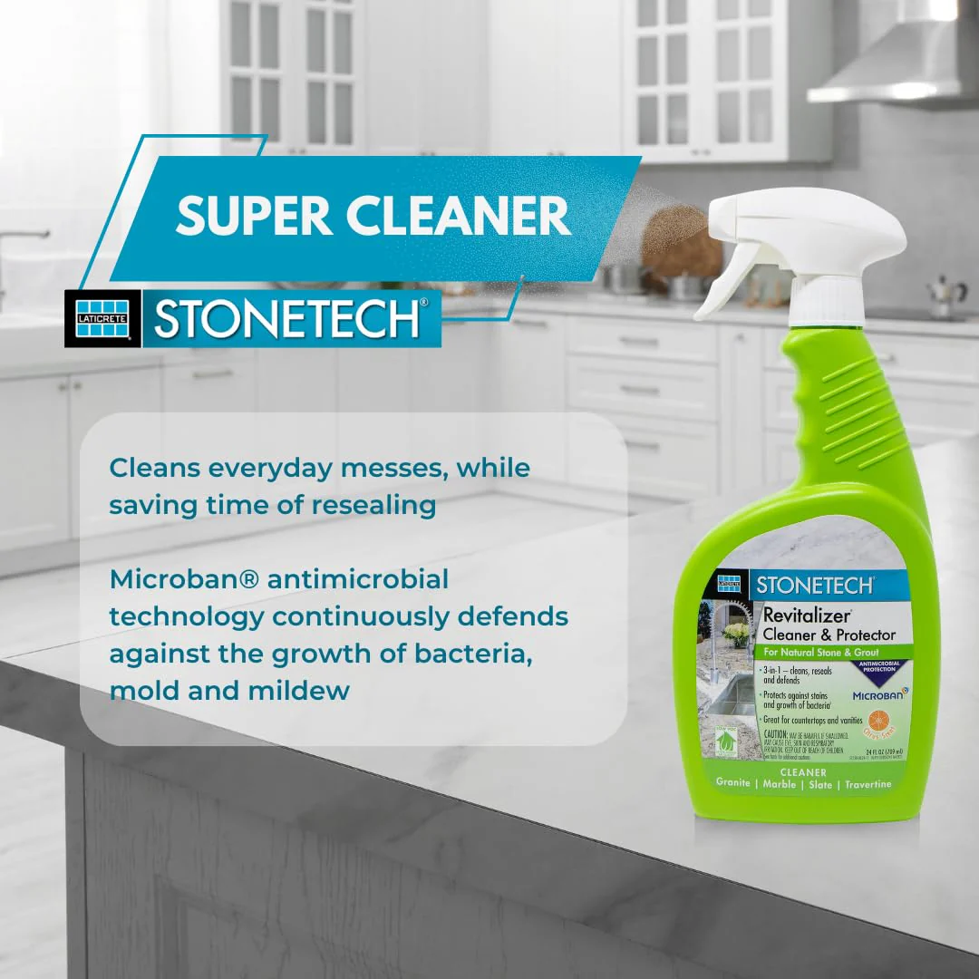StoneTech Revitalizer Cleaner and Protector | Natural Stone Cleaner | Marble, Quartz, Granite Countertop Cleaner | 3-in-1 Cleans and Reseals | 2-Pack 24 oz Spray + Microfibers, Citrus Scent - Image 5