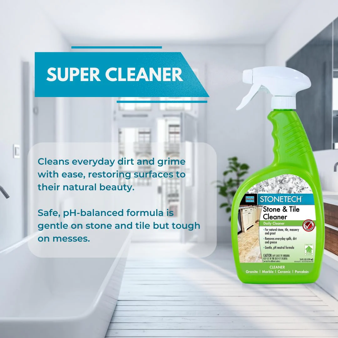 StoneTech Stone & Tile Cleaner Spray – Daily Cleaner for Granite, Marble, Ceramic, Porcelain & Stone – Removes Spills, Dirt & Grease – pH Neutral - 2-Pack, 24oz each + 2 Microfiber Cloths - Image 5