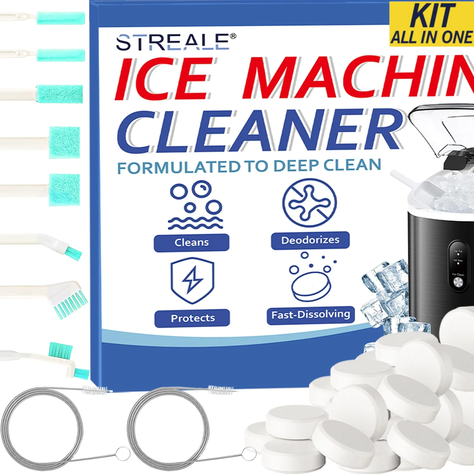 STREALE Ice Machine Cleaner Kit - 30Pack Ice Maker Cleaner Tablets - 10Pcs Pipe & Crevice Brush Set - Commercial & Portable Countertop Icemaker Cleaning Solution