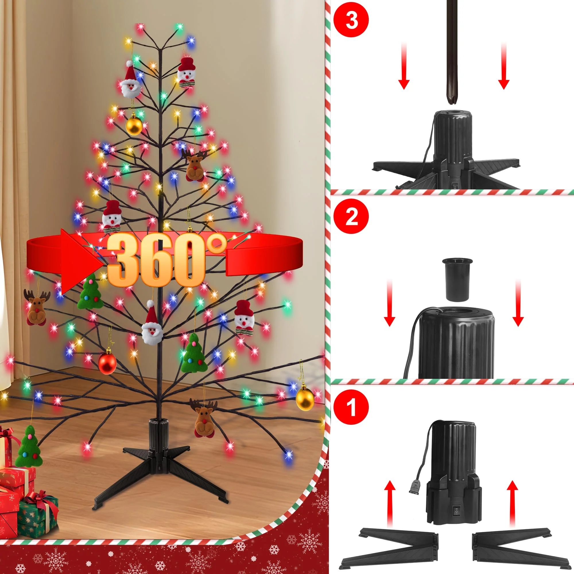 Stright 360 Degree Rotating Christmas Tree Stand, Revolving Artificial Tree Base for Tree Up to 7.5FT, Spinning Christmas Tree Stand with 2 Settings Trunk Diameter and One Built-in Electrical Outlet - Image 2