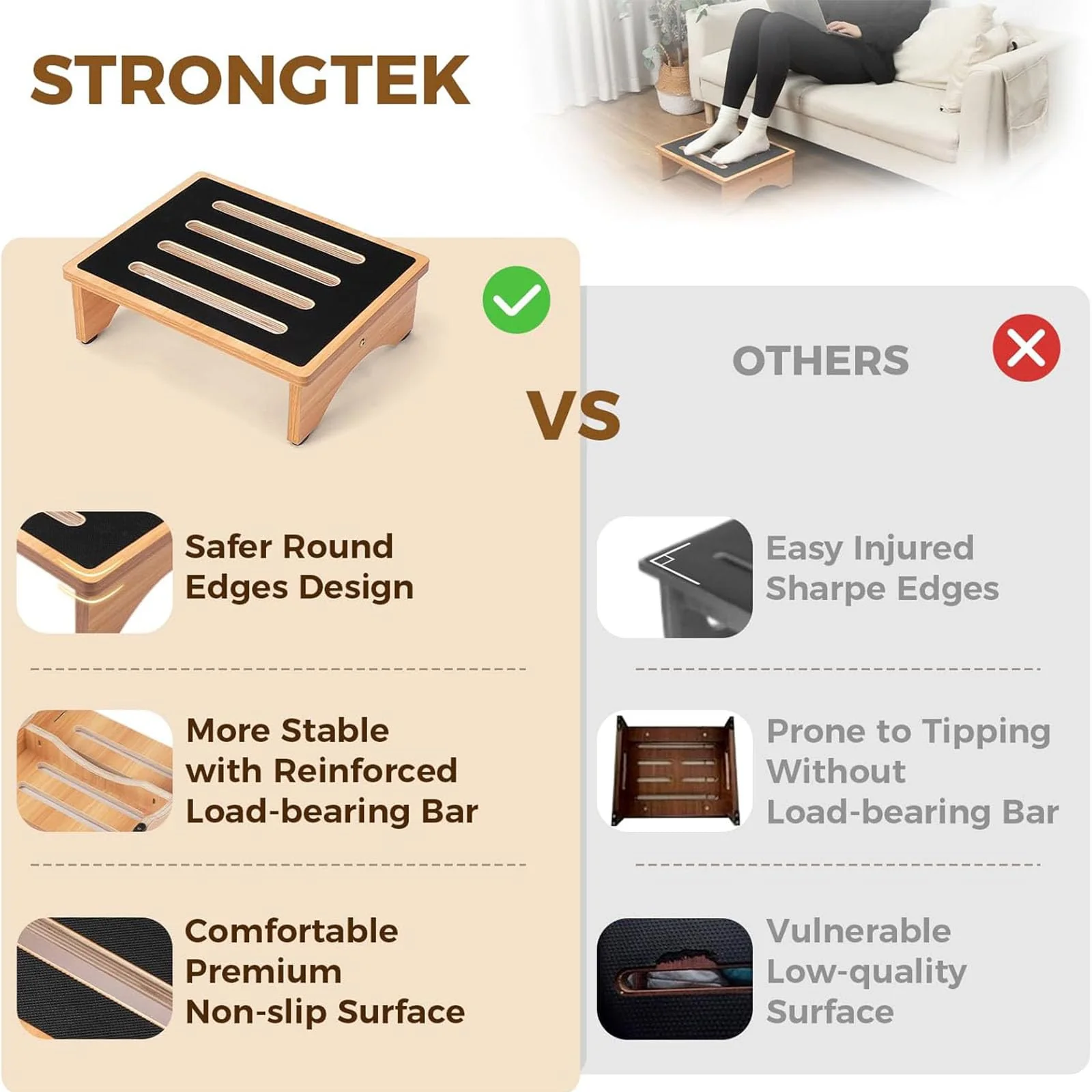 StrongTek 5" High Wooden Bed Step Stool for Adults, Sturdy Bedside & Shower Steps, 440lb Capacity, Versatile Mobility Aid for Seniors, Kitchen Use, Surgery Recovery, Anti-Slip, Portable Design - Image 6