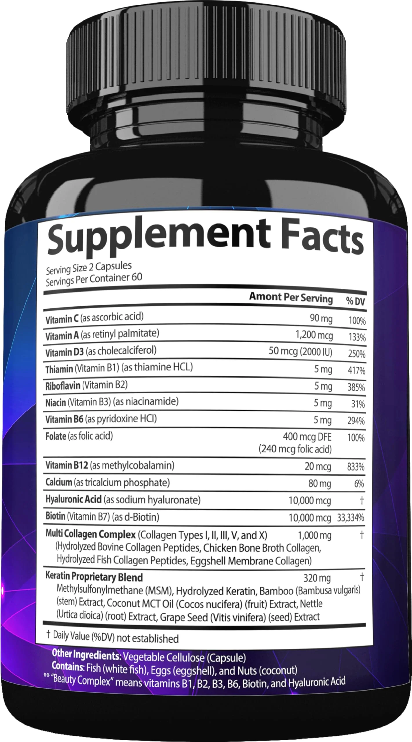 StrongVit Biotin with Hyaluronic Acid, Keratin, and Collagen Supplements - Hair Growth Vitamins for Women, Healthy Nails and Skin, B1, B2, B3, B6, B7 Complex, USA (120 Capsules) - Image 2