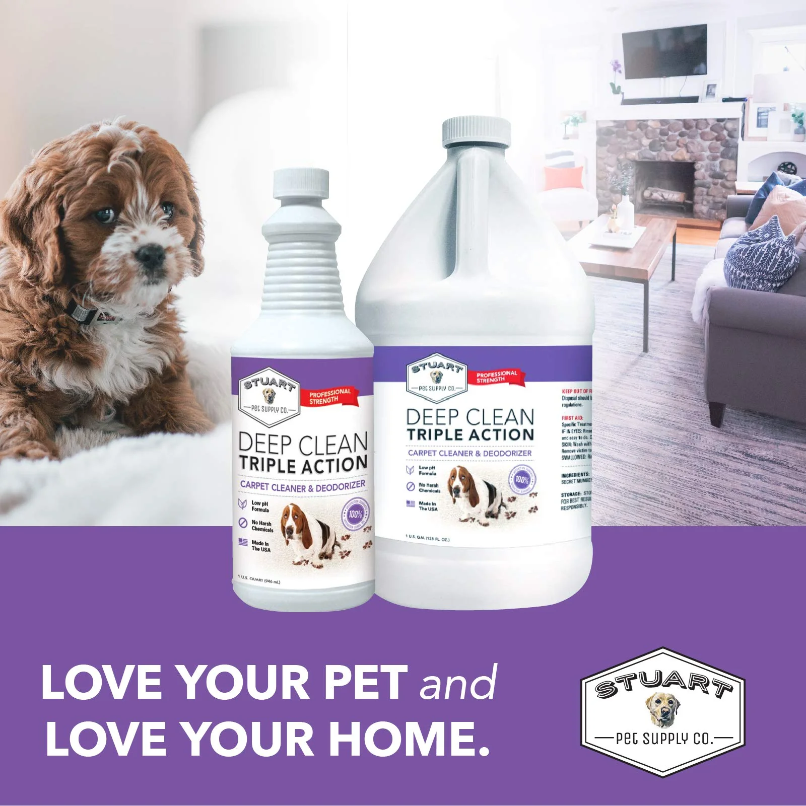Stuart Pet Supply Co. Professional Strength Deep Clean (Gal.) 3X Carpet Cleaner Solution & Deodorizer, Concentrated Encapsulating Carpet Shampoo, Pet Odor & Dirty Carpet Cleaning Solution 128 fl oz. - Image 2