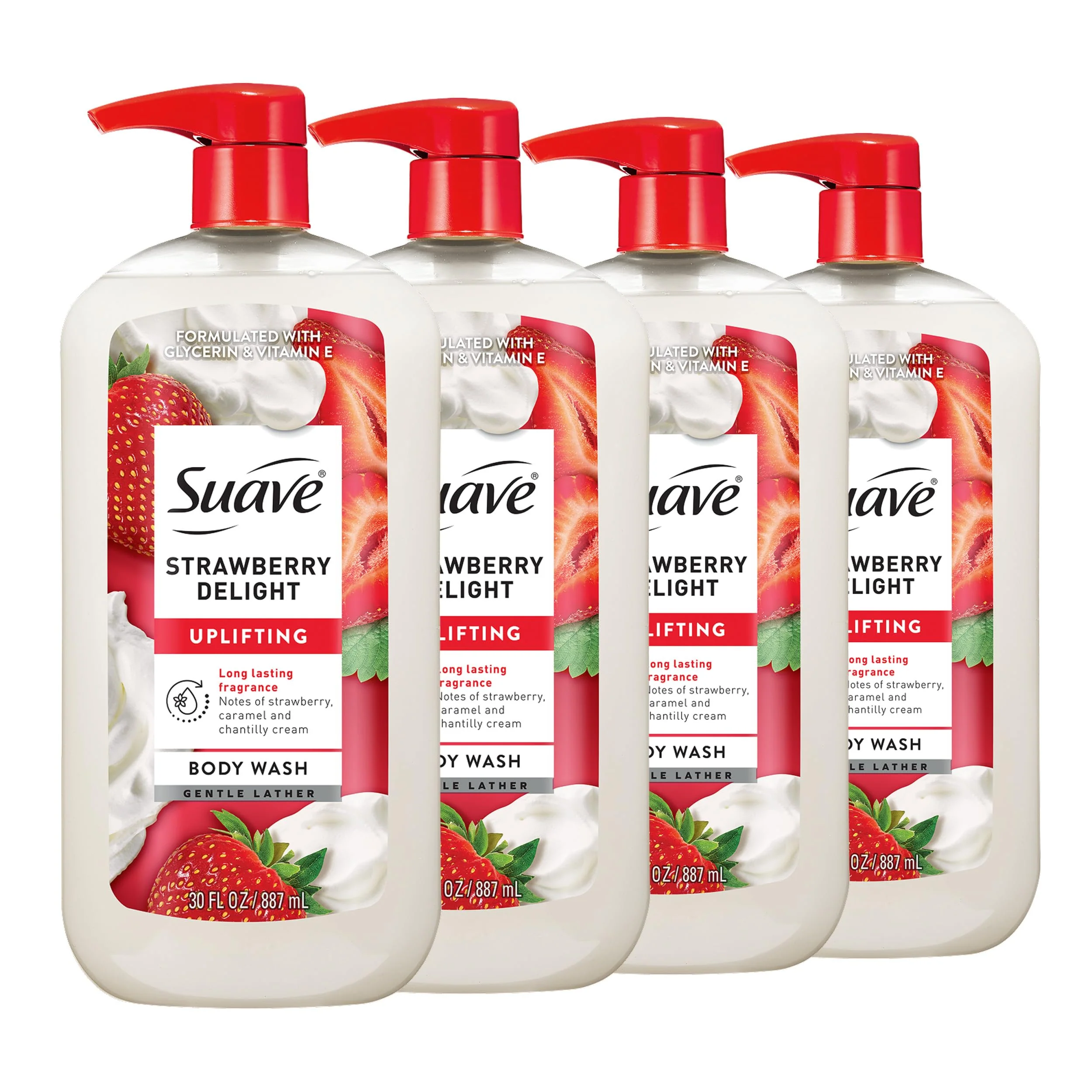 Suave Strawberry Delight Uplifting Body Wash, Formulated with Glycerin and Vitamin E for Hydrating and Gently Cleansing Skin, 30 oz pump, 4 Pack