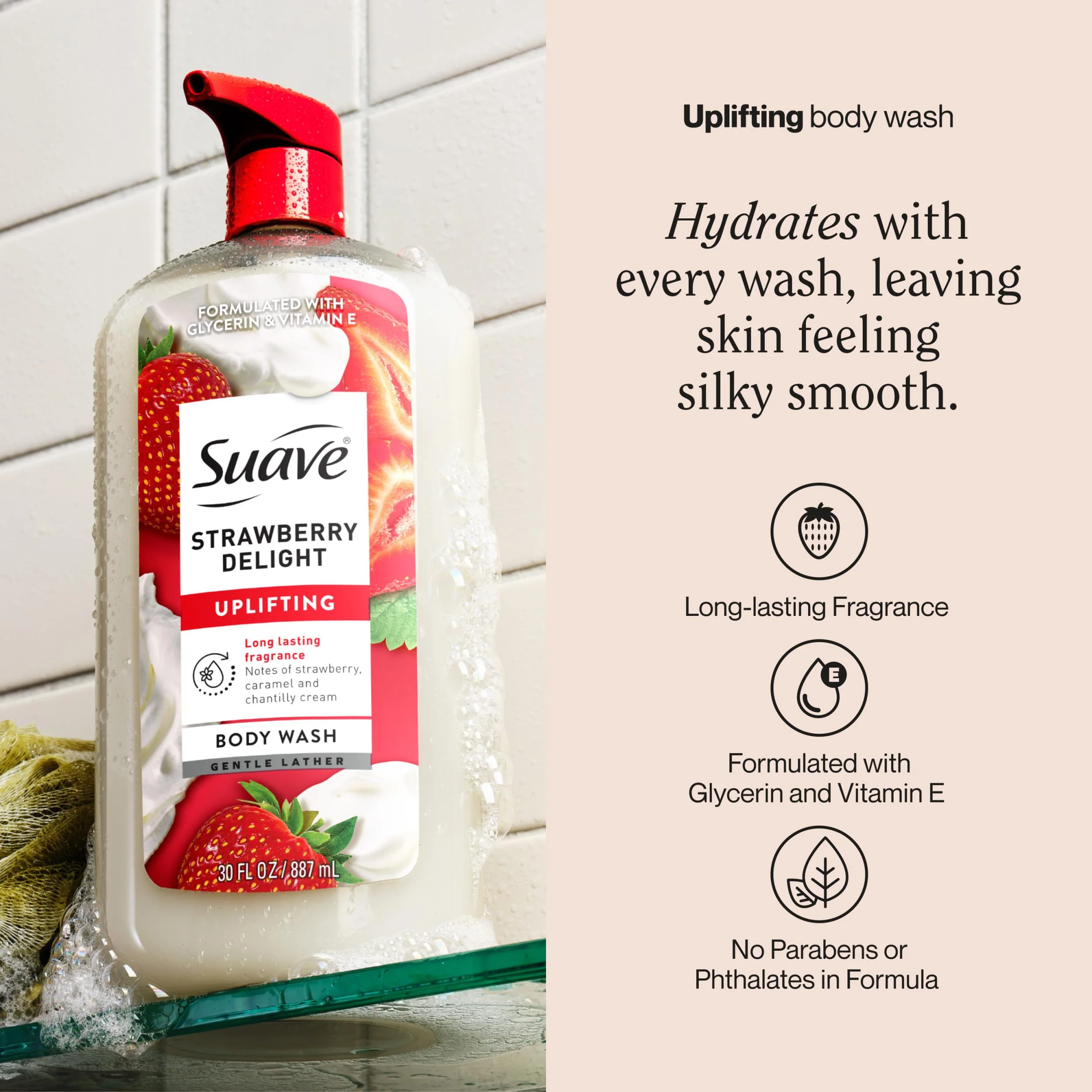 Suave Strawberry Delight Uplifting Body Wash, Formulated with Glycerin and Vitamin E for Hydrating and Gently Cleansing Skin, 30 oz pump, 4 Pack - Image 7