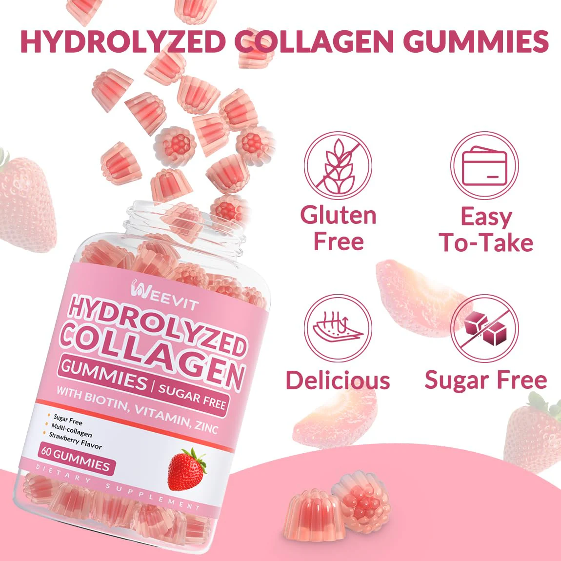 Sugar Free Collagen Gummies for Women, Collagen Protein Type I,II,III,V,X with Biotin Vitamin C D B12, Hydrolyzed Collagen Peptides Gummies for Immune Digestion Skin Hair Nails Energy Bone - Image 2