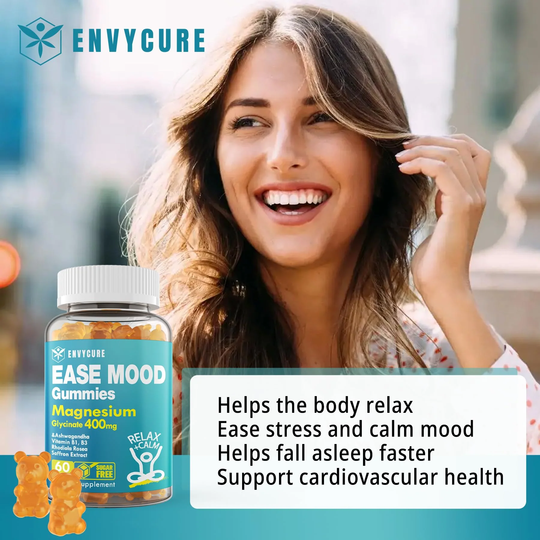 Sugar Free Magnesium Glycinate Gummies 400mg with Ashwagandha, B1, B3, Rhodiola Rosea & Saffron for Support Rest, Mood & Energy Calm Magnesium Gummies for Adults, Chewable Magnesium Supplement, 60Ct - Image 2
