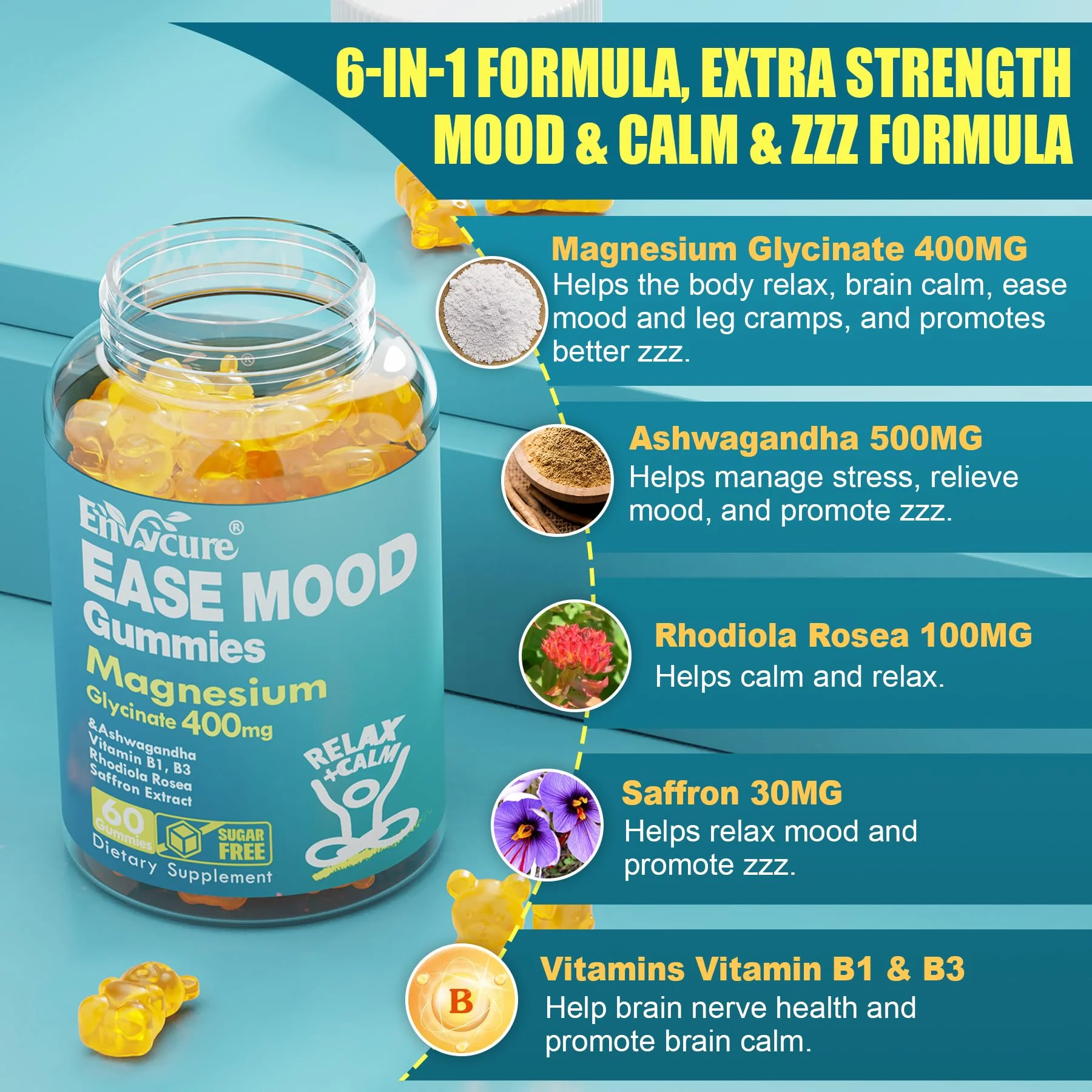Sugar Free Magnesium Glycinate Gummies 400mg with Ashwagandha, B1, B3, Rhodiola Rosea & Saffron for Support Rest, Mood & Energy Calm Magnesium Gummies for Adults, Chewable Magnesium Supplement, 60Ct - Image 5