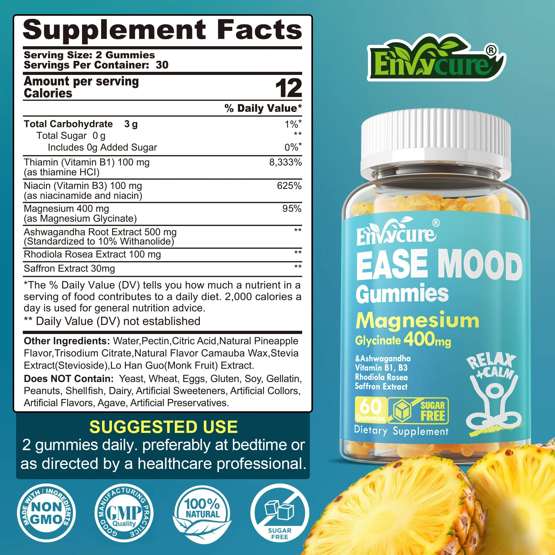 Sugar Free Magnesium Glycinate Gummies 400mg with Ashwagandha, B1, B3, Rhodiola Rosea & Saffron for Support Rest, Mood & Energy Calm Magnesium Gummies for Adults, Chewable Magnesium Supplement, 60Ct - Image 9
