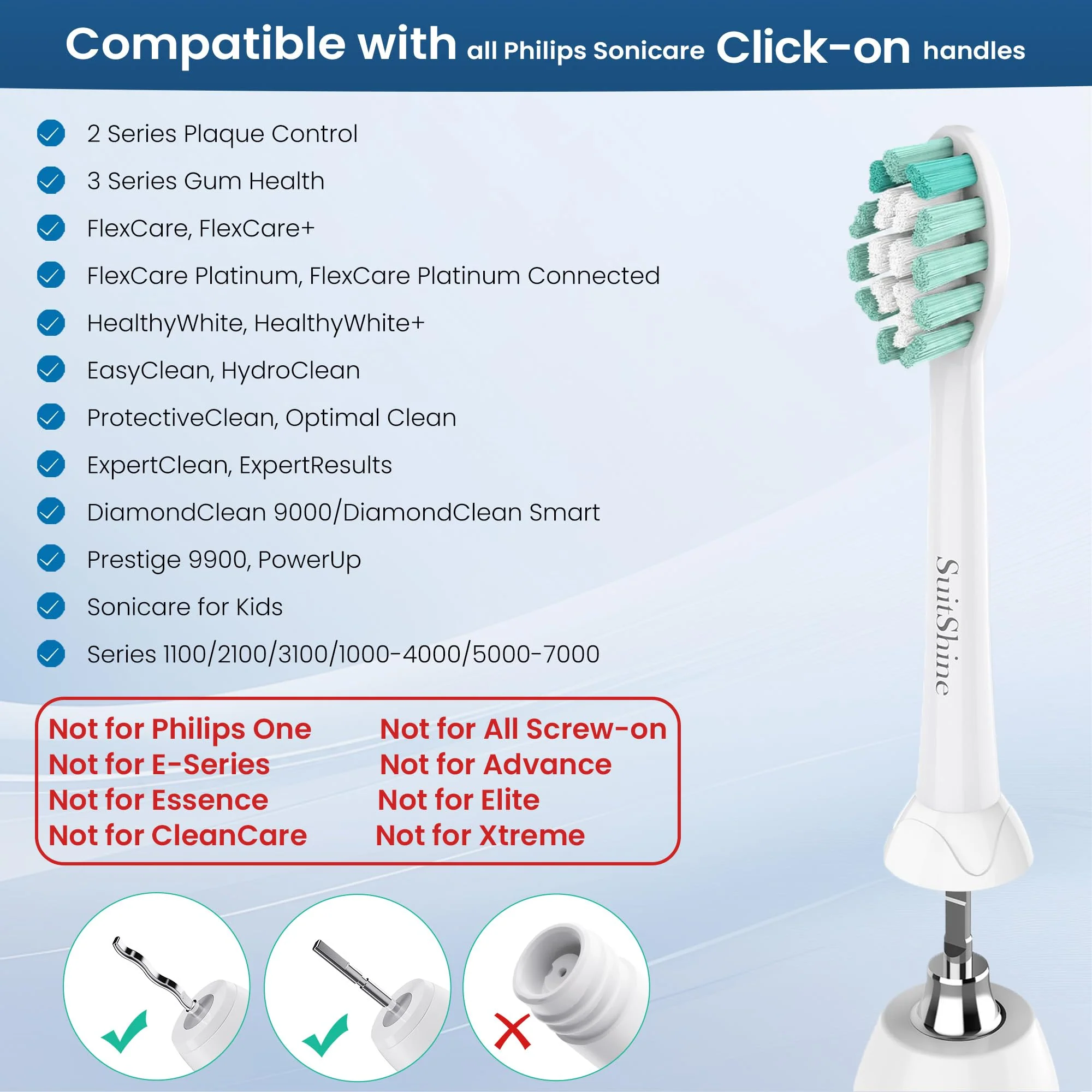 SuitShine Replacement Toothbrush Heads Compatible with Philips Sonicare and More Click-on Handles 6 Pack White - Image 6