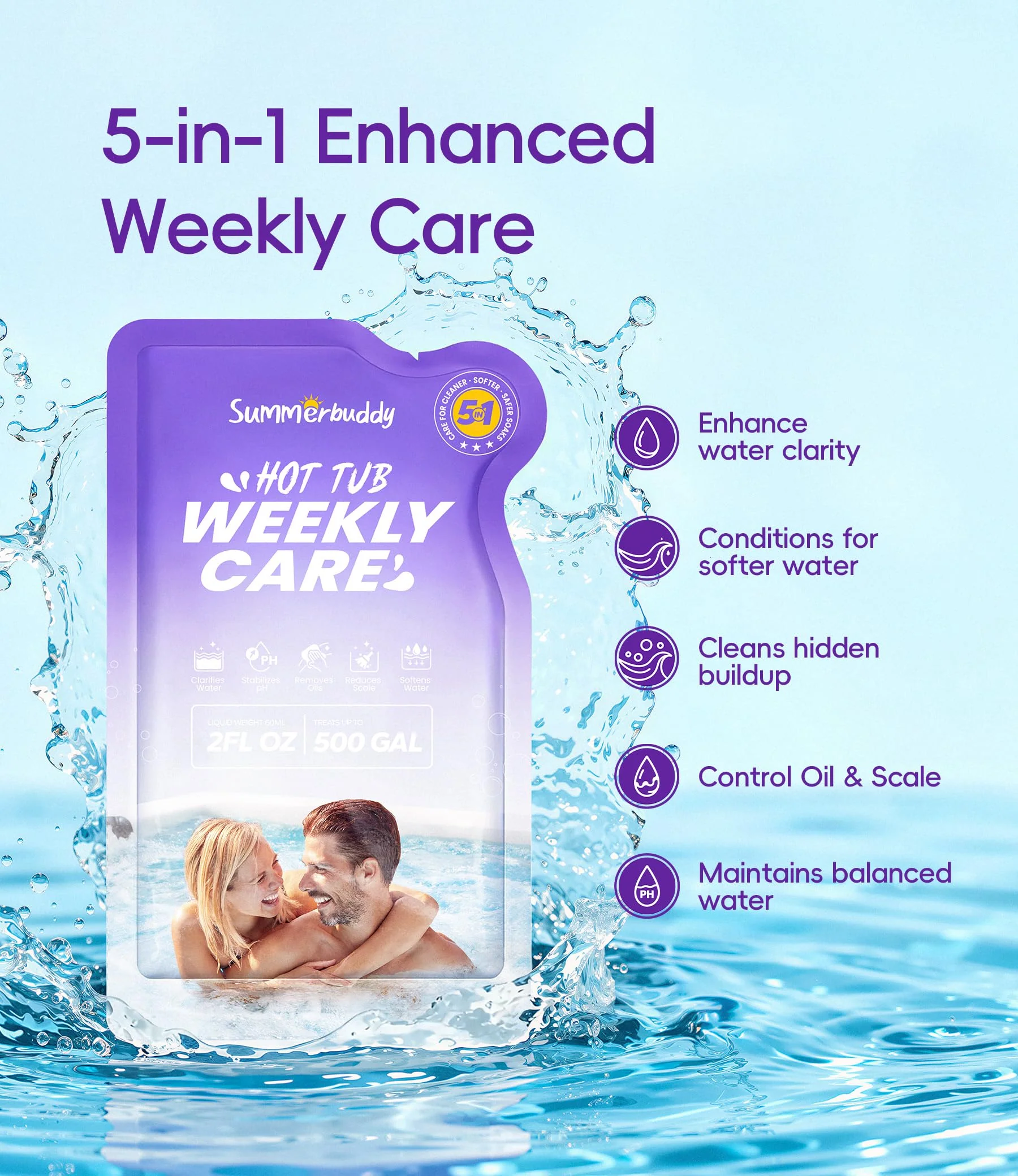 SummerBuddy 5-in-1 Weekly Hot Tub Cleaner, Clarifier, Conditioner – Spa Weekly Care Controls Oils & Residue, Helps Keep Water Balanced All Week – Ideal for All Spa Types (4-Week Kit) - Image 9
