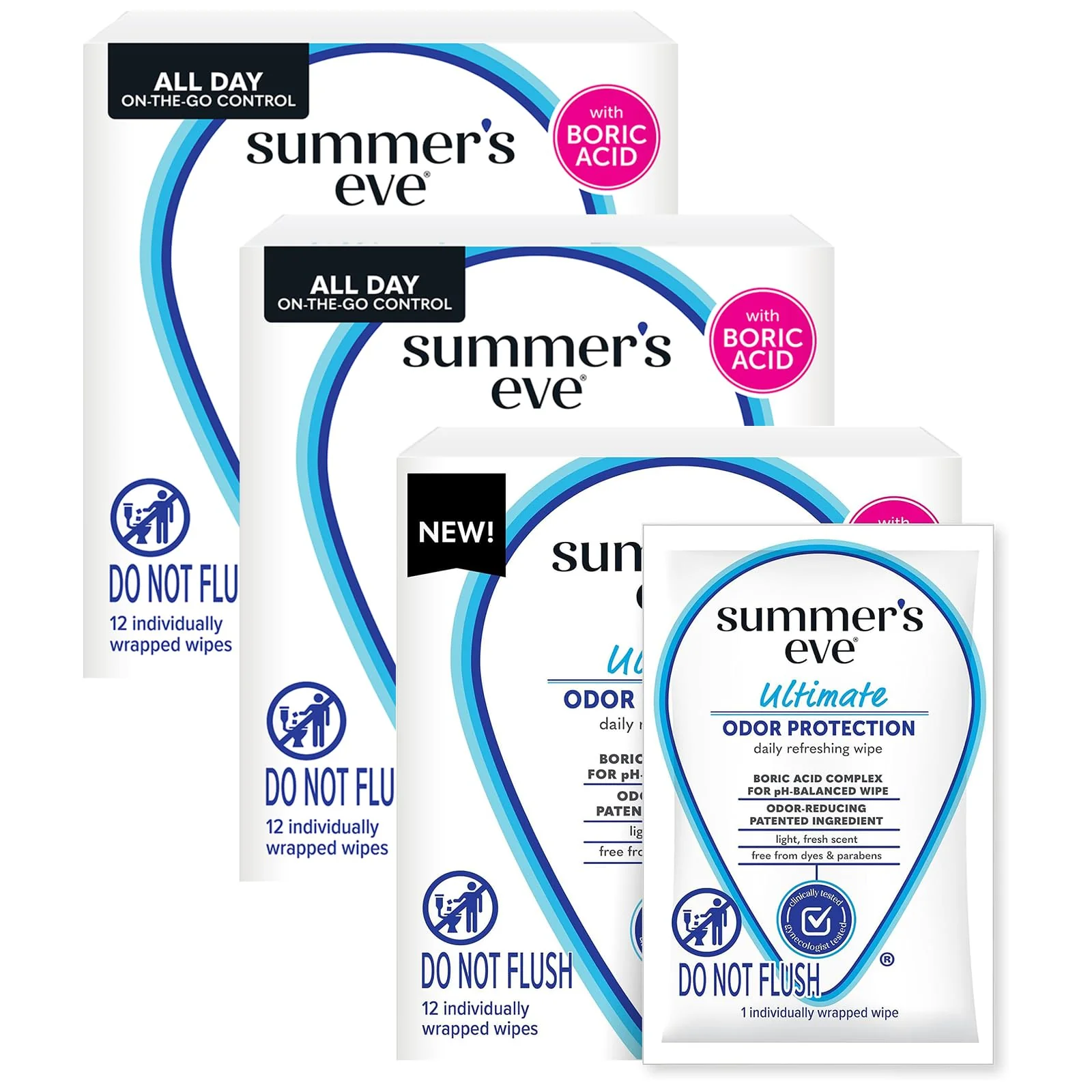 Summer's Eve Feminine Wipes, 12 ct (Pack of 3) | Ultimate Odor Control | Boric Acid | pH Balance | On-the-go