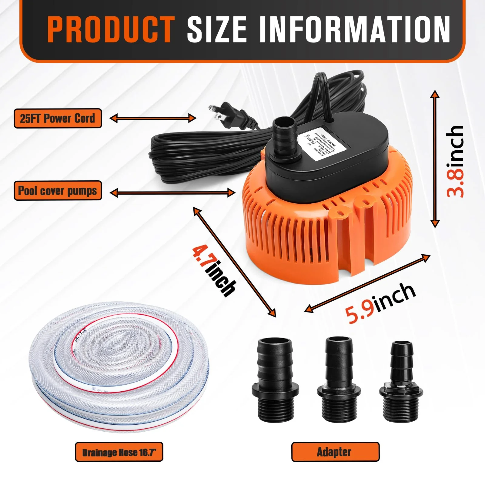 Sump Pump,Pool Cover Pump above Ground,submersible water pump Swimming Water Removal Pumps,for Swimming Pool Basement Garden Pond Tubs Draining,75W,Max Flow:850GPH,3 Adapters,25 Ft Power Cord (Orange) - Image 2