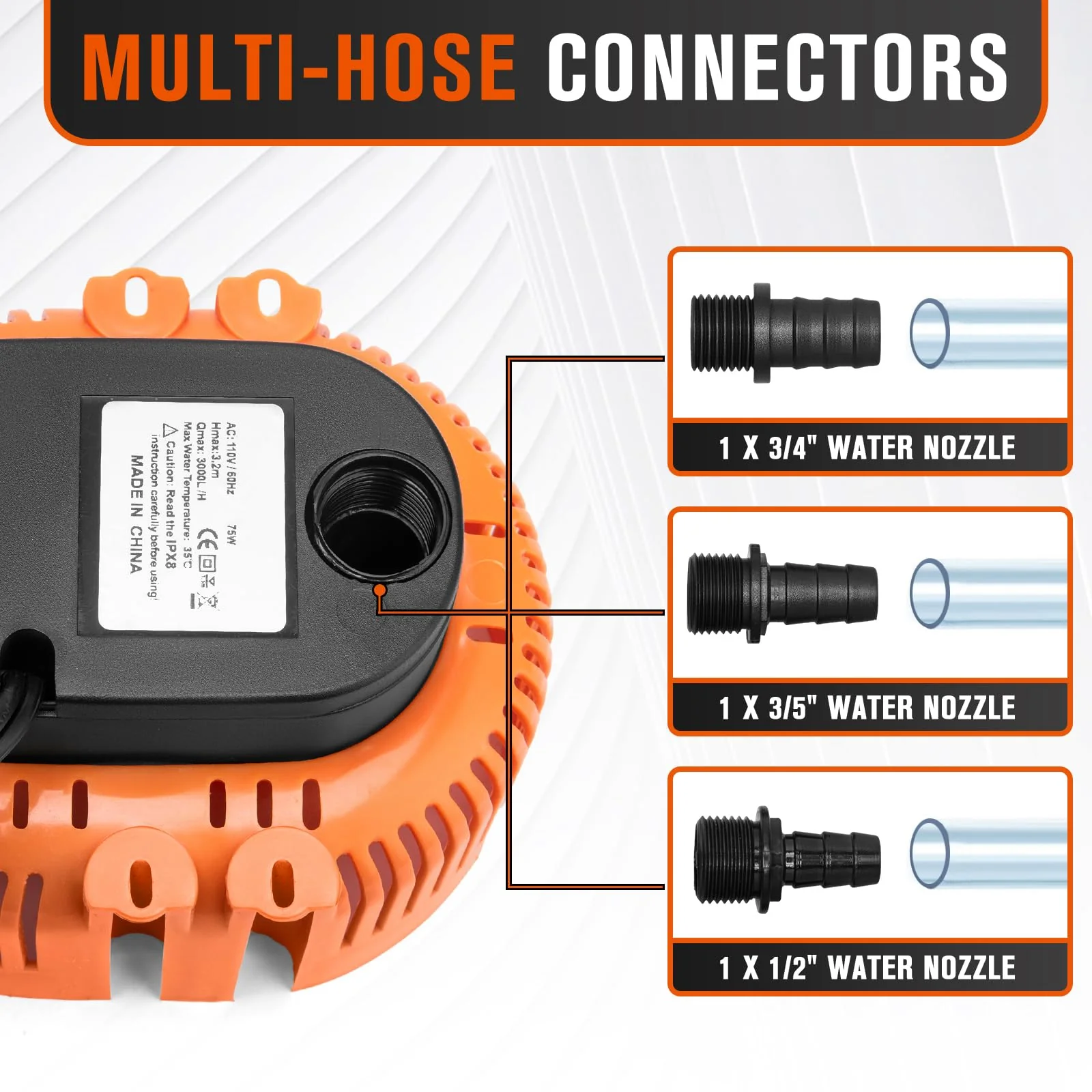 Sump Pump,Pool Cover Pump above Ground,submersible water pump Swimming Water Removal Pumps,for Swimming Pool Basement Garden Pond Tubs Draining,75W,Max Flow:850GPH,3 Adapters,25 Ft Power Cord (Orange) - Image 3