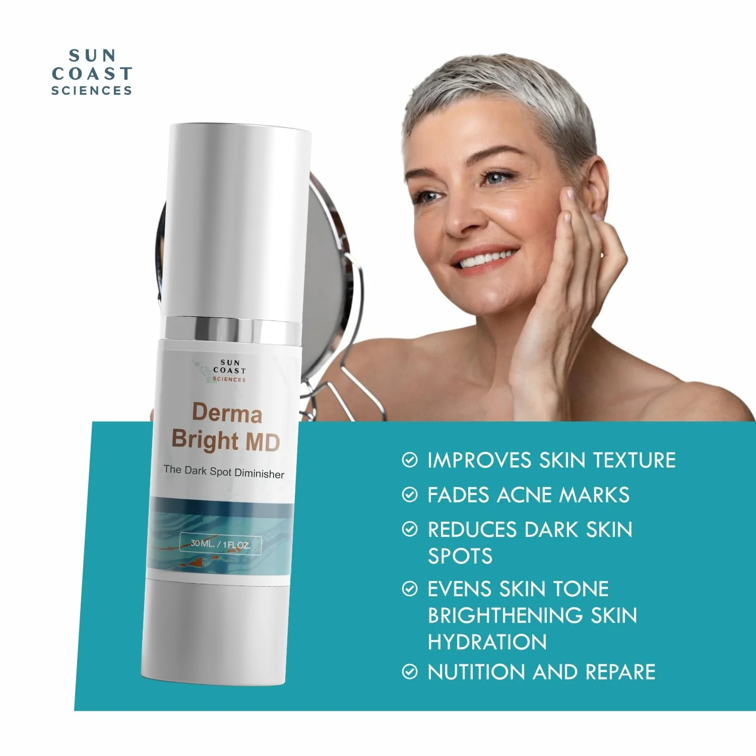 Sun Coast Sciences Derma Bright MD - Dark Spot Diminisher with Vitamin C & Hyaluronic Acid - Brightening Face Serum for Uneven Skin Tone and Age Spots - 1 Fl Oz (Pack of 1) - Image 4