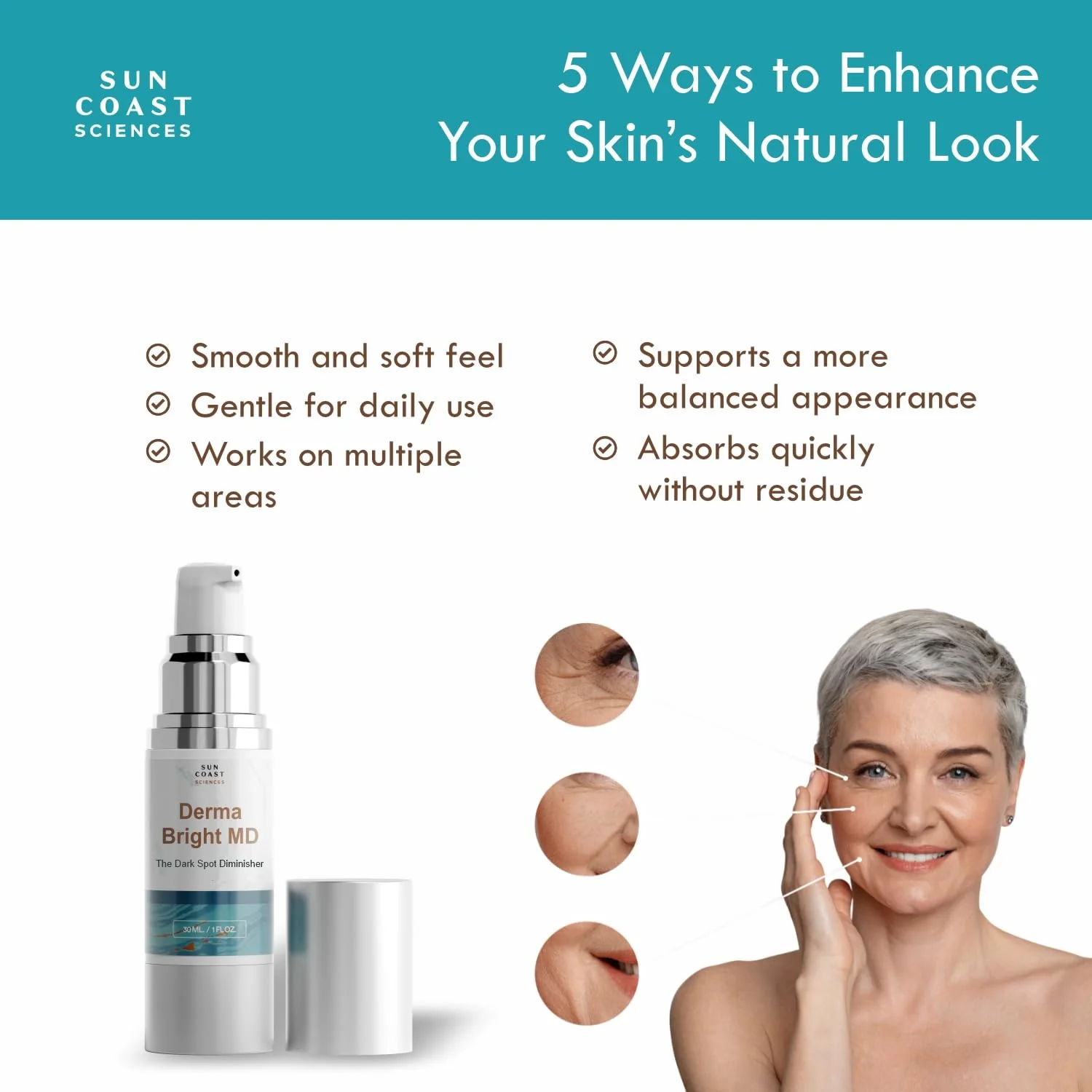Sun Coast Sciences Derma Bright MD - Dark Spot Diminisher with Vitamin C & Hyaluronic Acid - Brightening Face Serum for Uneven Skin Tone and Age Spots - 1 Fl Oz (Pack of 1) - Image 5