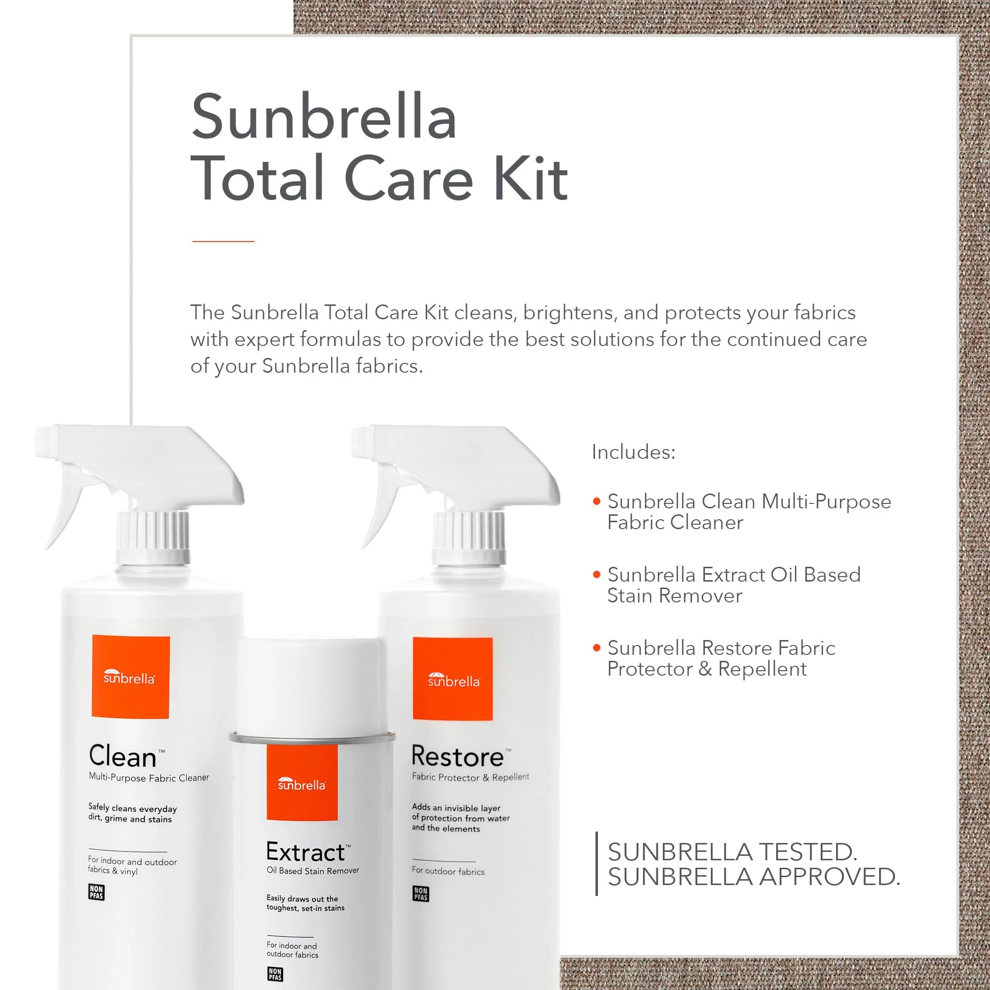 Sunbrella Total Care Kit | Clean, Protect & Restore Fabric & Upholstery | Fabric Cleaner, Stain Remover, and Protector Bundle | 16 fl oz / 5 fl oz - Image 9