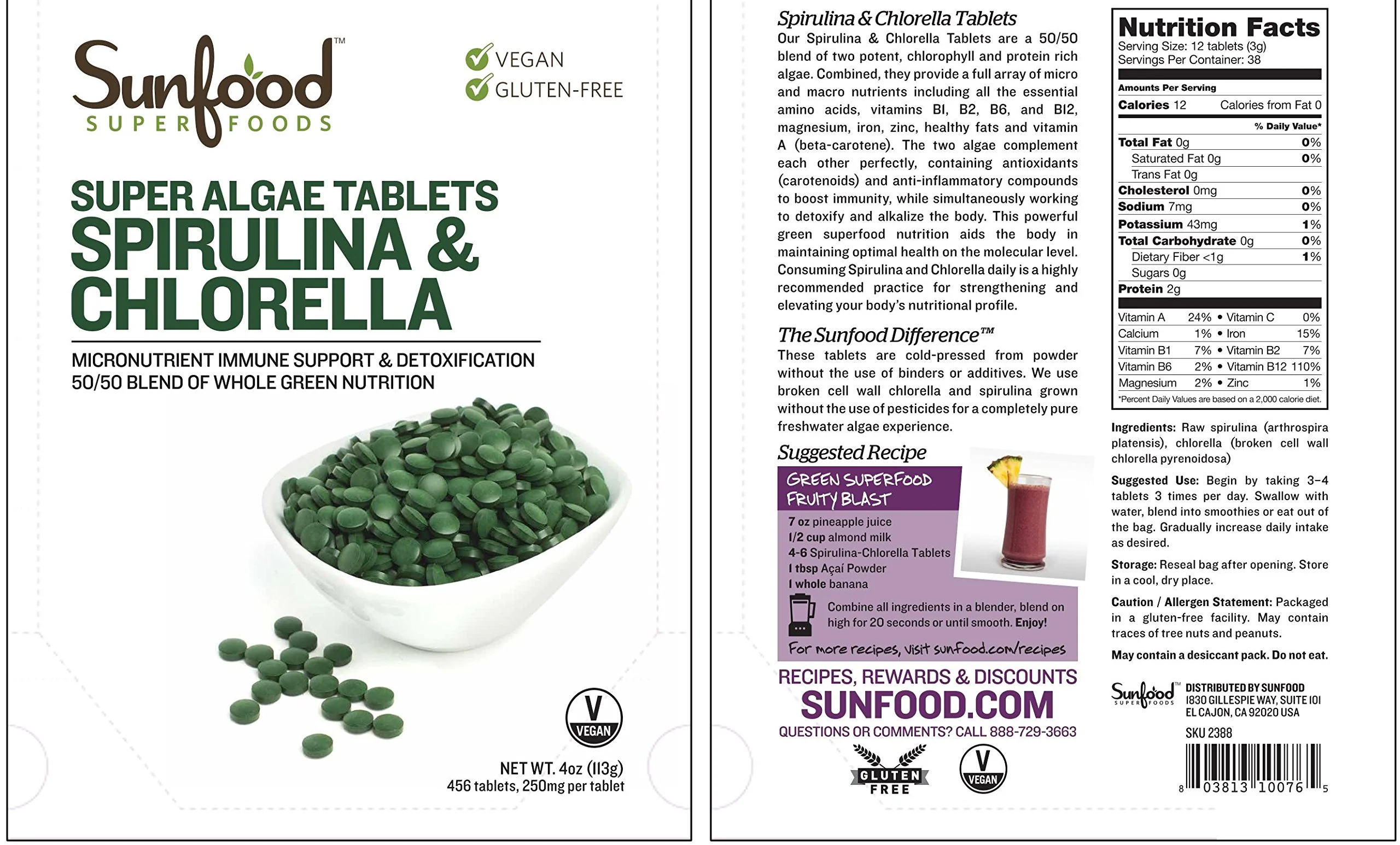 Sunfood Chlorella Spirulina Tablets - Spirulina and Chlorella Powder Pills, Green Algae Supplement Rich in Chlorophyll, Broken Cell Wall, Vegan - 4 oz Bag - Image 2