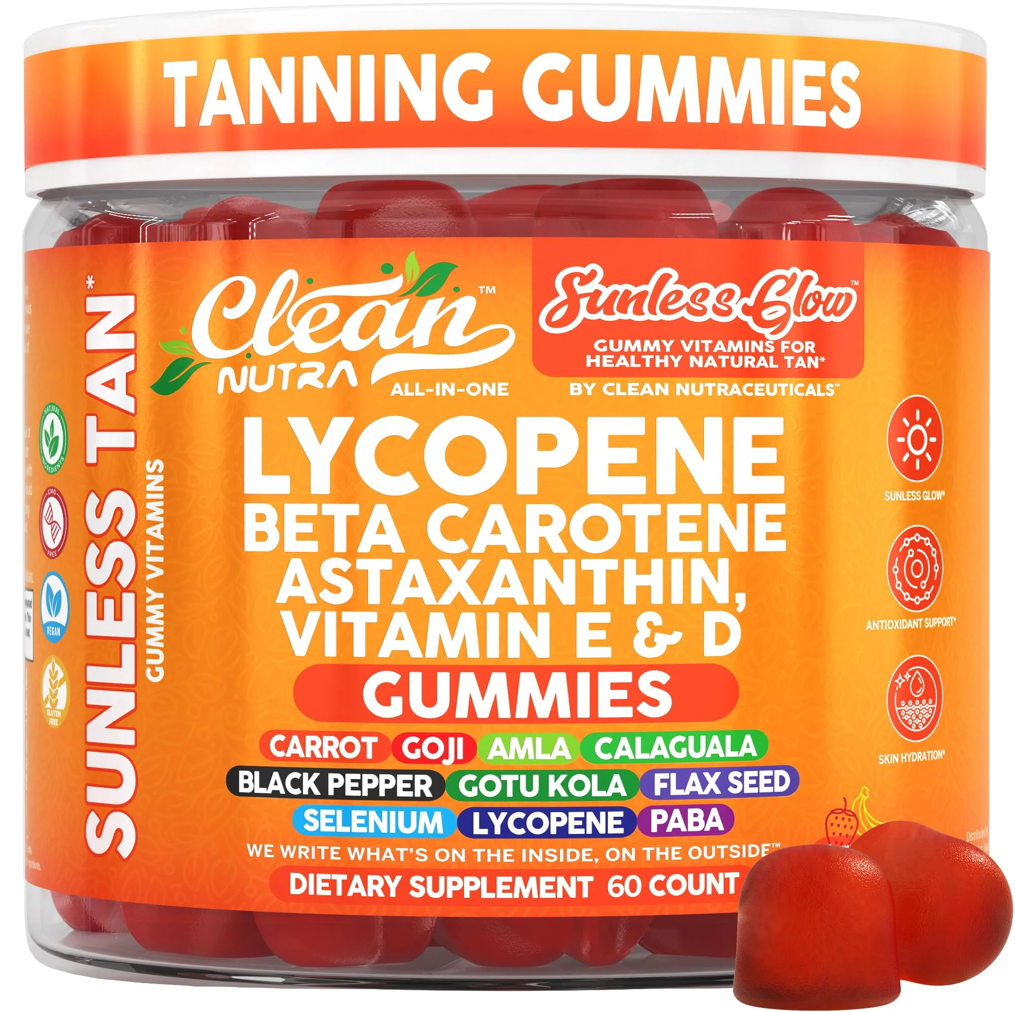 Sunless Glow Lycopene Beta Carotene Tanning Gummies Astaxanthin Vitamin C D E Flax Seed Selenium Amla l Tyrosine PABA Black Pepper 60 Count Strawberry Banana Flavor by Clean Nutra