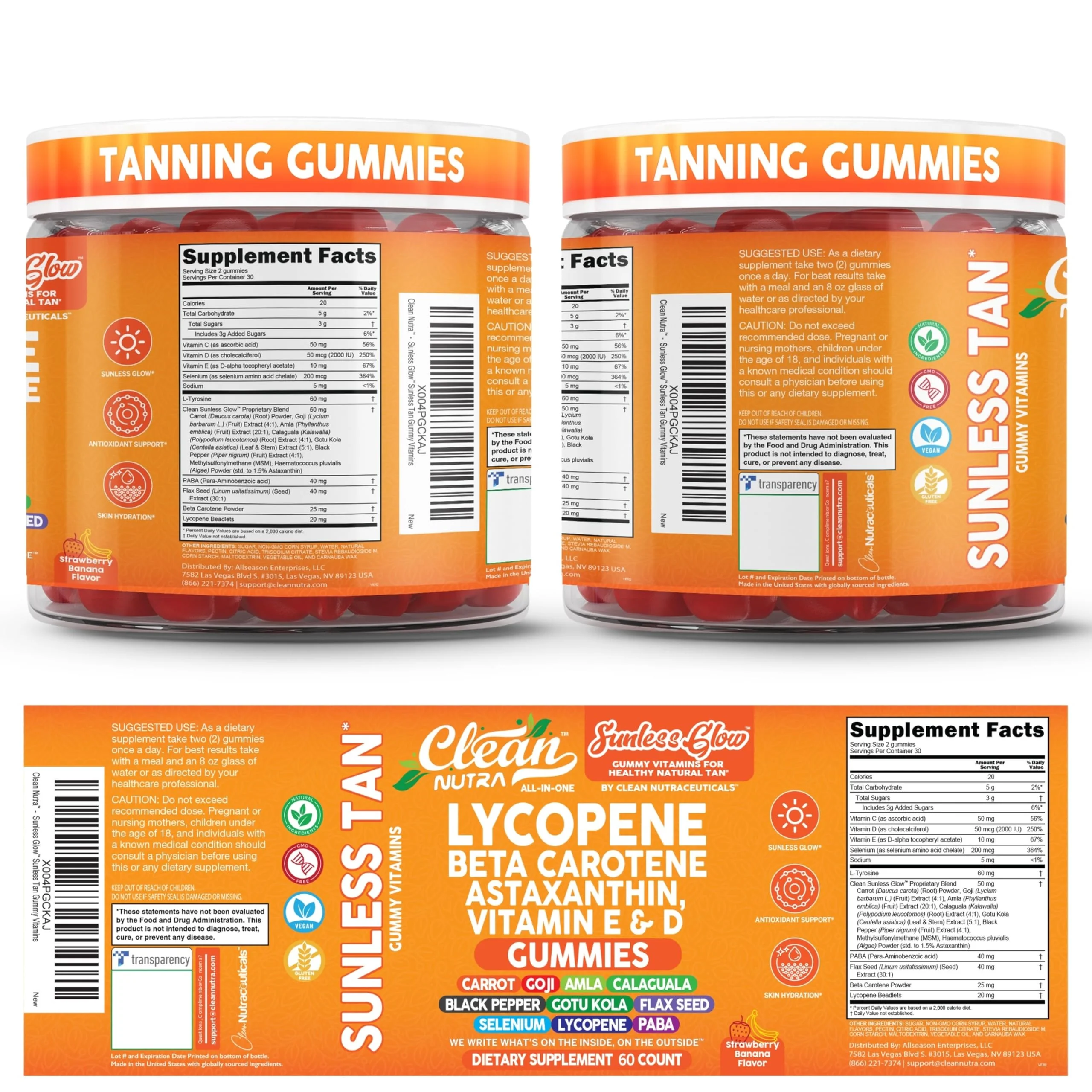 Sunless Glow Lycopene Beta Carotene Tanning Gummies Astaxanthin Vitamin C D E Flax Seed Selenium Amla l Tyrosine PABA Black Pepper 60 Count Strawberry Banana Flavor by Clean Nutra - Image 2