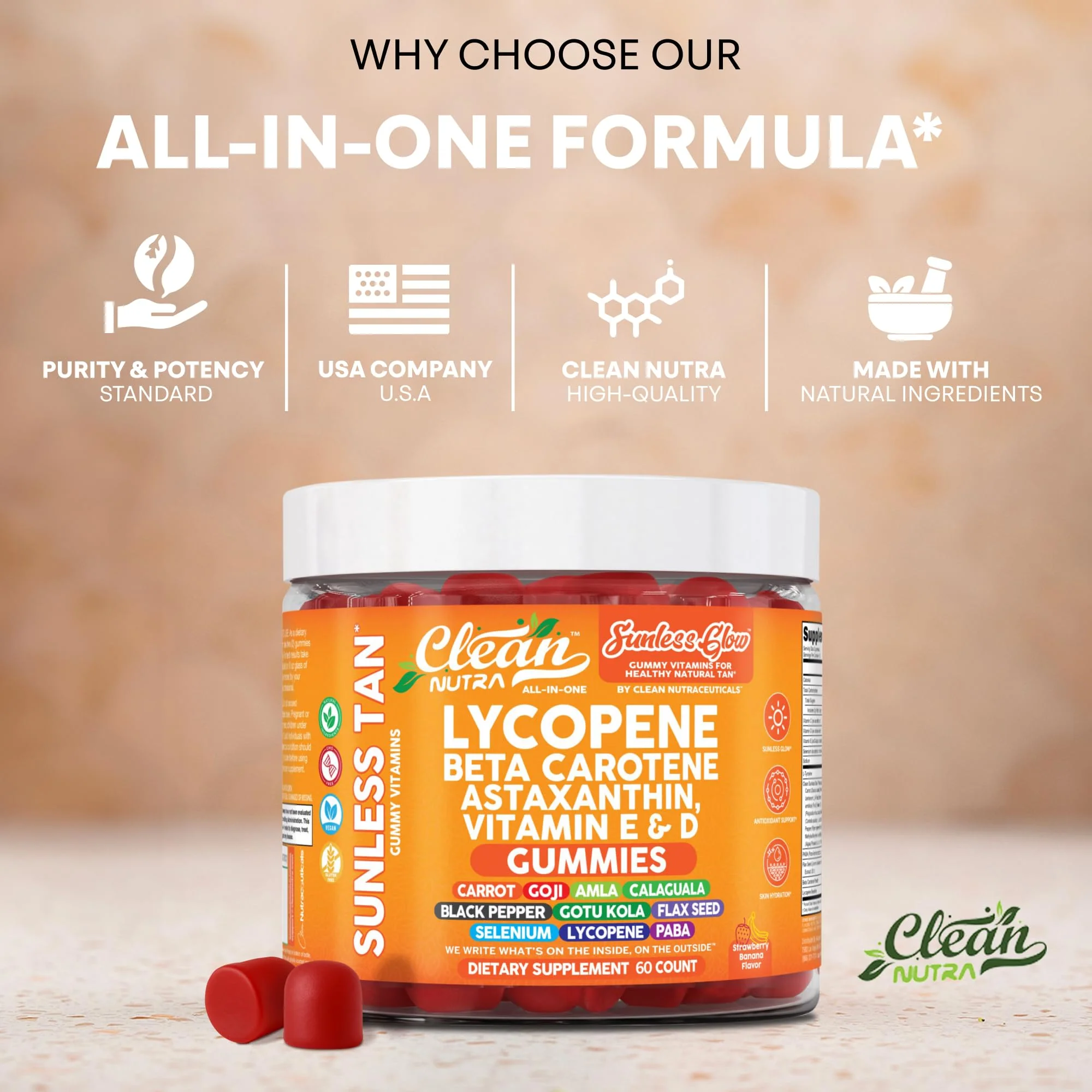 Sunless Glow Lycopene Beta Carotene Tanning Gummies Astaxanthin Vitamin C D E Flax Seed Selenium Amla l Tyrosine PABA Black Pepper 60 Count Strawberry Banana Flavor by Clean Nutra - Image 3