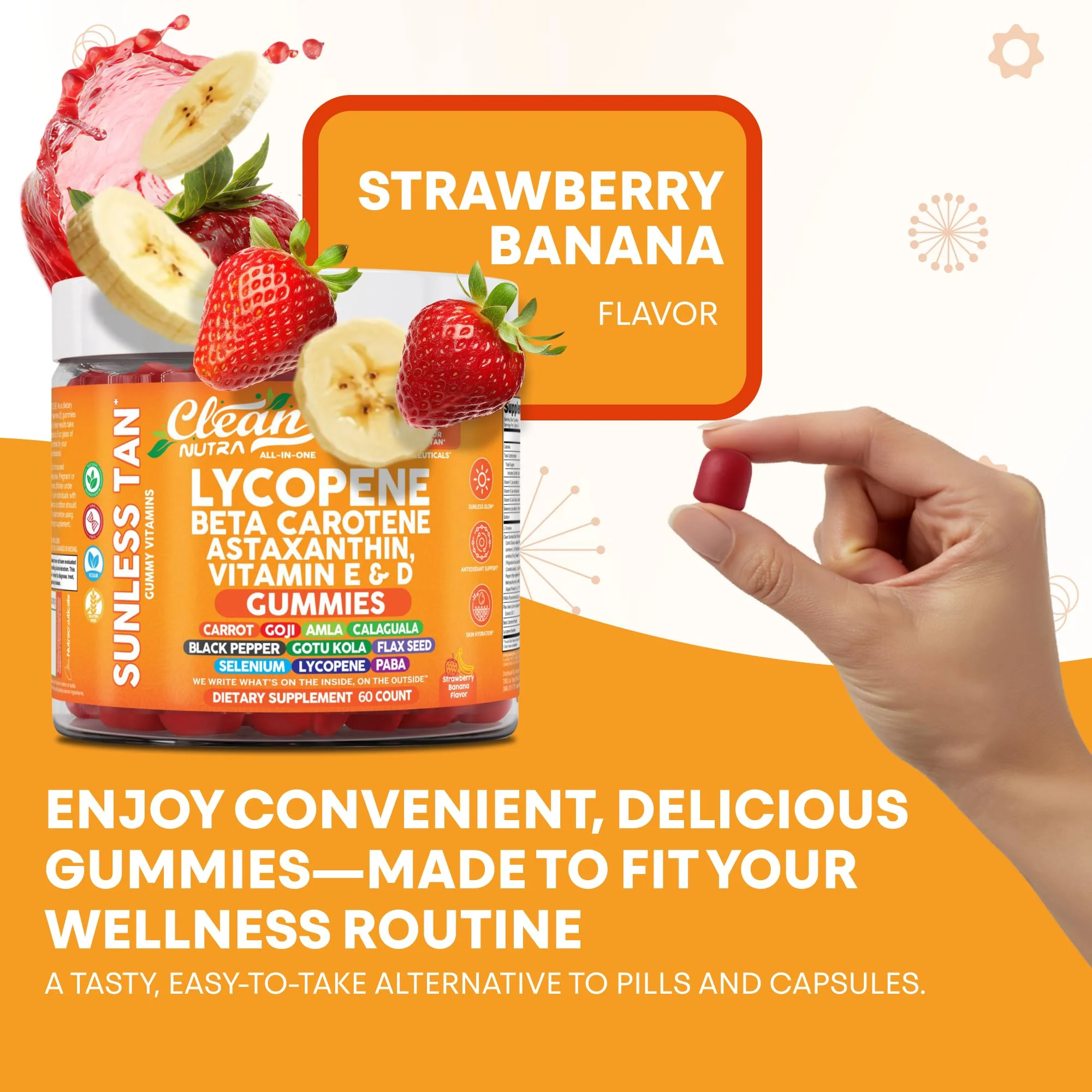 Sunless Glow Lycopene Beta Carotene Tanning Gummies Astaxanthin Vitamin C D E Flax Seed Selenium Amla l Tyrosine PABA Black Pepper 60 Count Strawberry Banana Flavor by Clean Nutra - Image 4