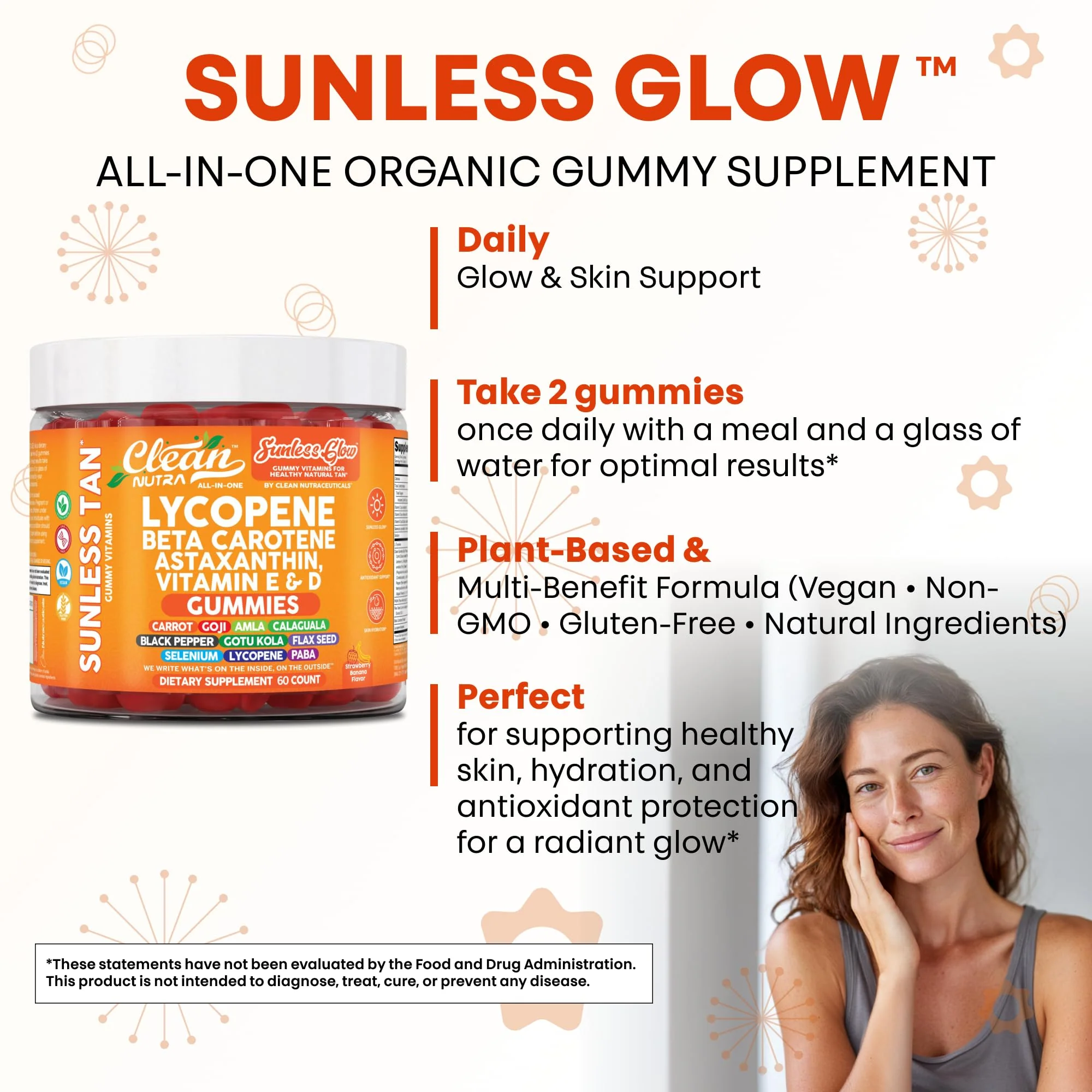 Sunless Glow Lycopene Beta Carotene Tanning Gummies Astaxanthin Vitamin C D E Flax Seed Selenium Amla l Tyrosine PABA Black Pepper 60 Count Strawberry Banana Flavor by Clean Nutra - Image 5