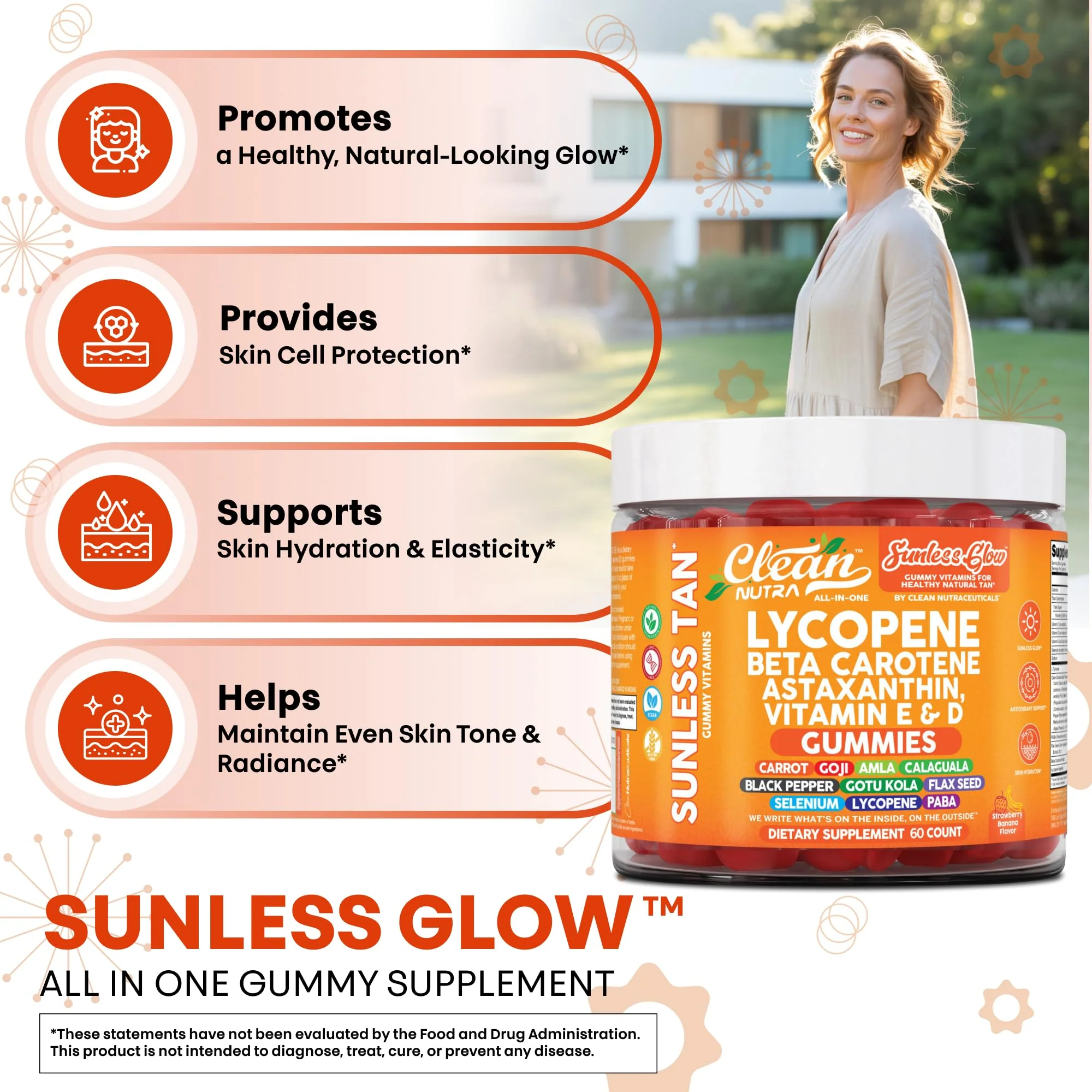 Sunless Glow Lycopene Beta Carotene Tanning Gummies Astaxanthin Vitamin C D E Flax Seed Selenium Amla l Tyrosine PABA Black Pepper 60 Count Strawberry Banana Flavor by Clean Nutra - Image 6