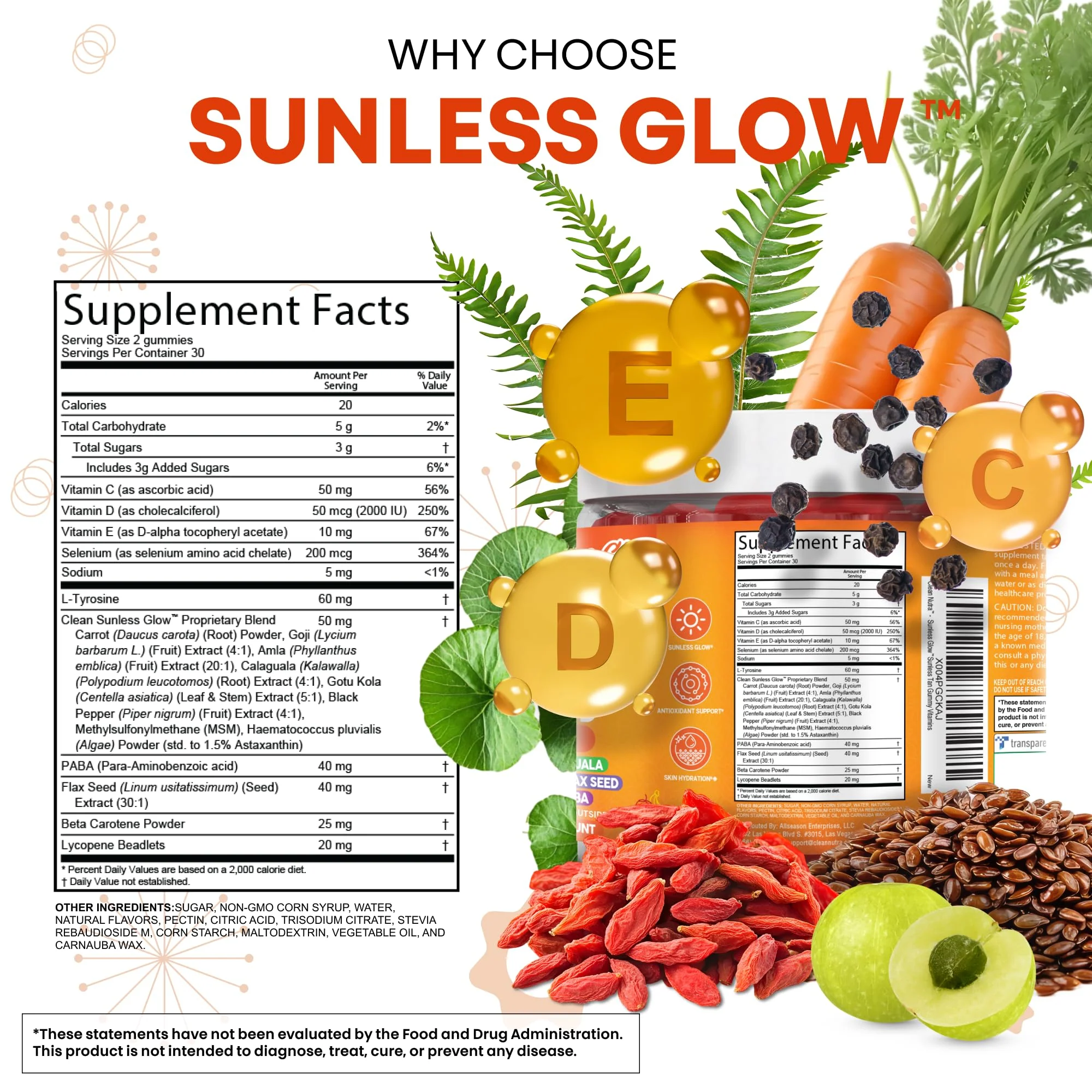 Sunless Glow Lycopene Beta Carotene Tanning Gummies Astaxanthin Vitamin C D E Flax Seed Selenium Amla l Tyrosine PABA Black Pepper 60 Count Strawberry Banana Flavor by Clean Nutra - Image 7