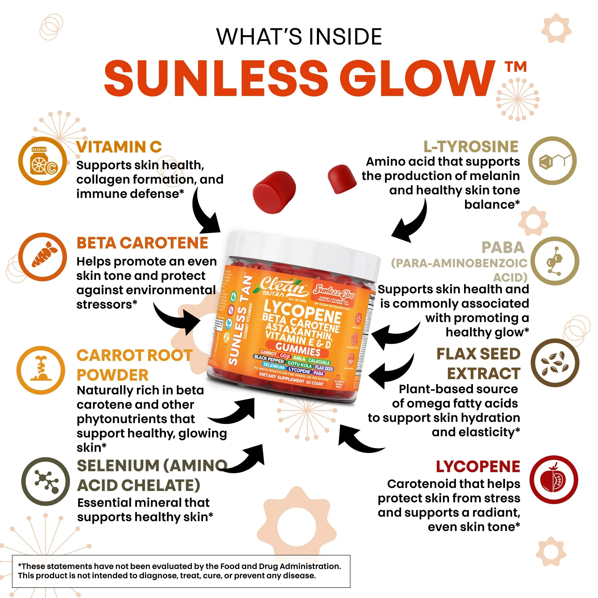 Sunless Glow Lycopene Beta Carotene Tanning Gummies Astaxanthin Vitamin C D E Flax Seed Selenium Amla l Tyrosine PABA Black Pepper 60 Count Strawberry Banana Flavor by Clean Nutra - Image 8