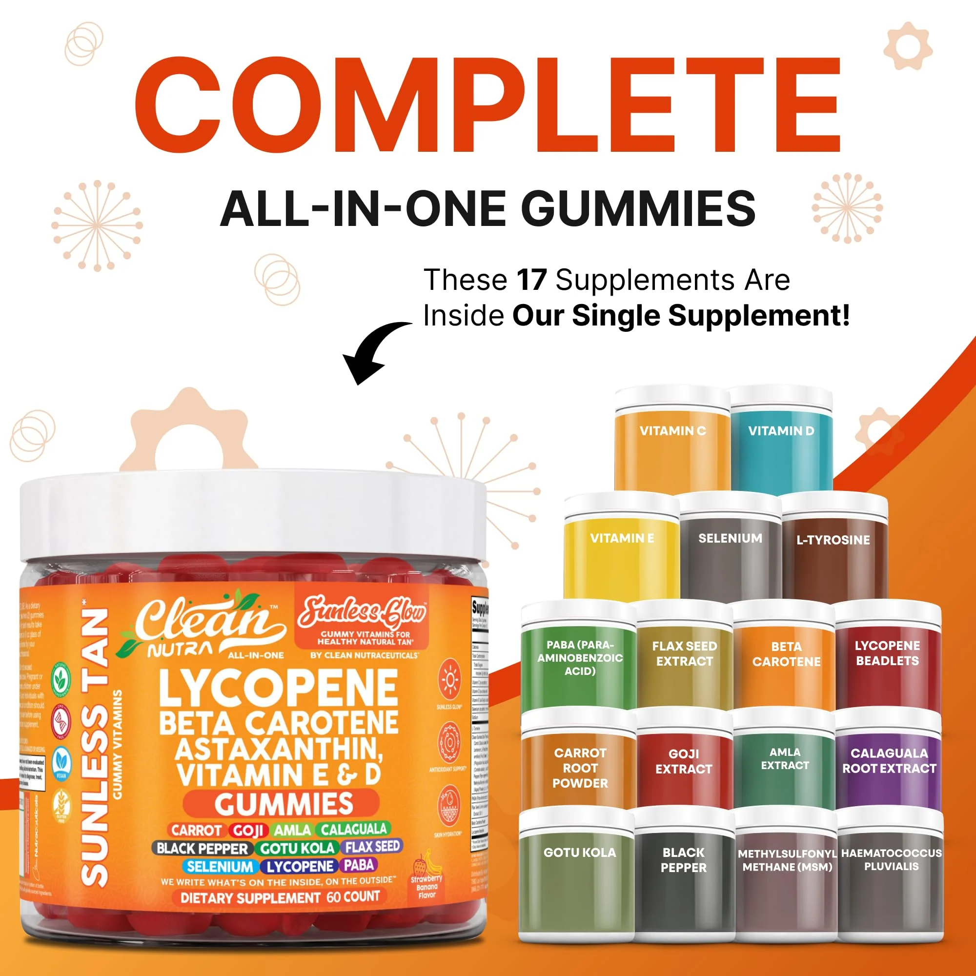 Sunless Glow Lycopene Beta Carotene Tanning Gummies Astaxanthin Vitamin C D E Flax Seed Selenium Amla l Tyrosine PABA Black Pepper 60 Count Strawberry Banana Flavor by Clean Nutra - Image 9