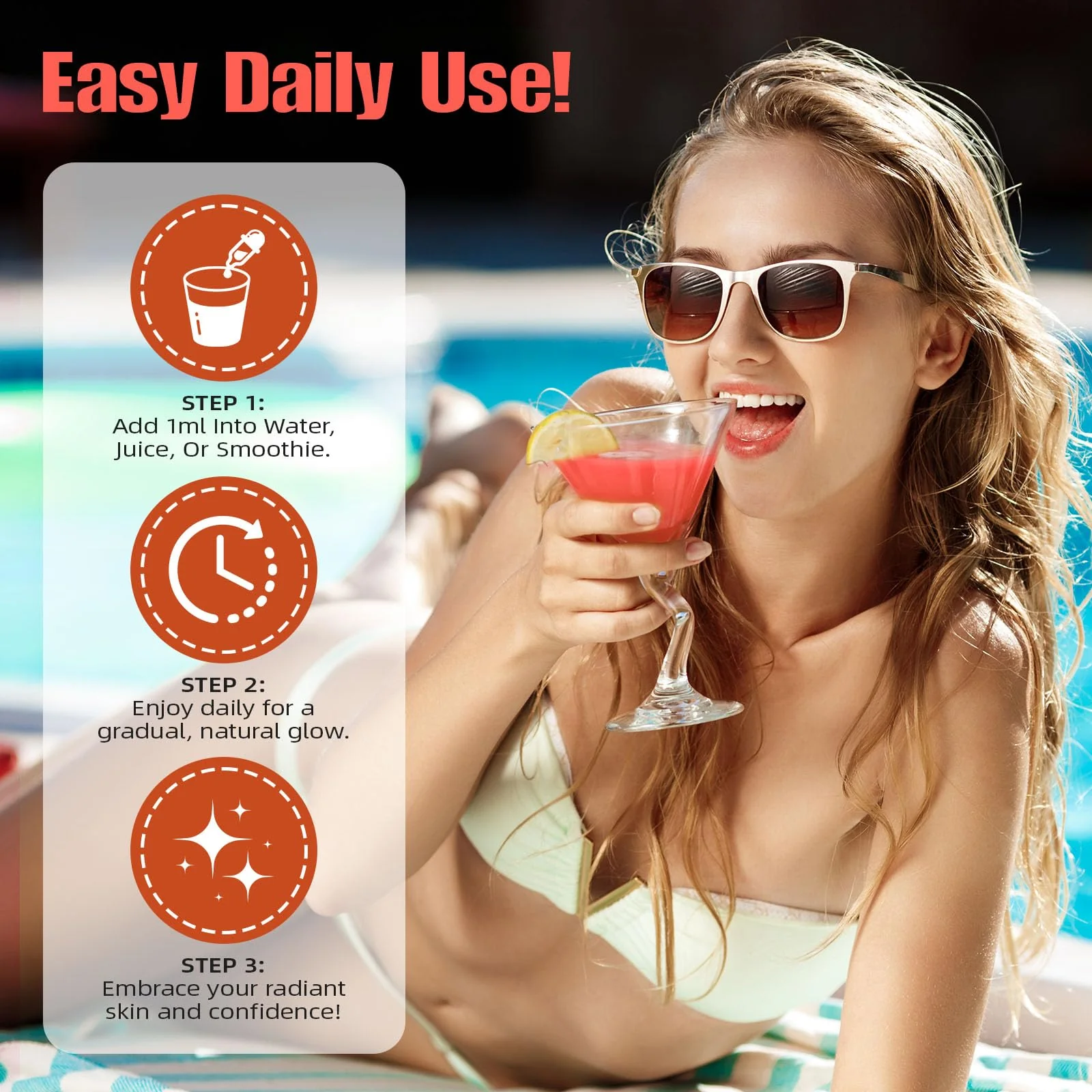 Sunless Tanning Drops To Drink,Drinkable Sunless Tanning Drops,Oral Drink Moisturizing Bronzing Tanner for Face & Body,Sun-Kissed Glow for All Skin - Image 3